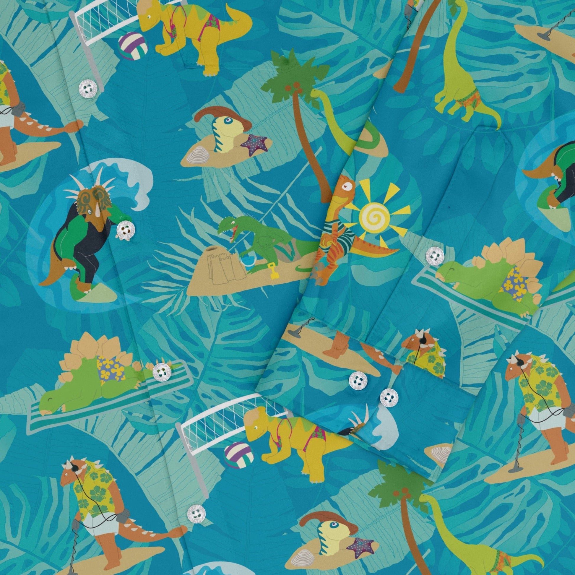 Dino Beach Party Long Sleeve Button Up Shirt Geek Nerd adult sizing Designs by Nathan dinosaur print