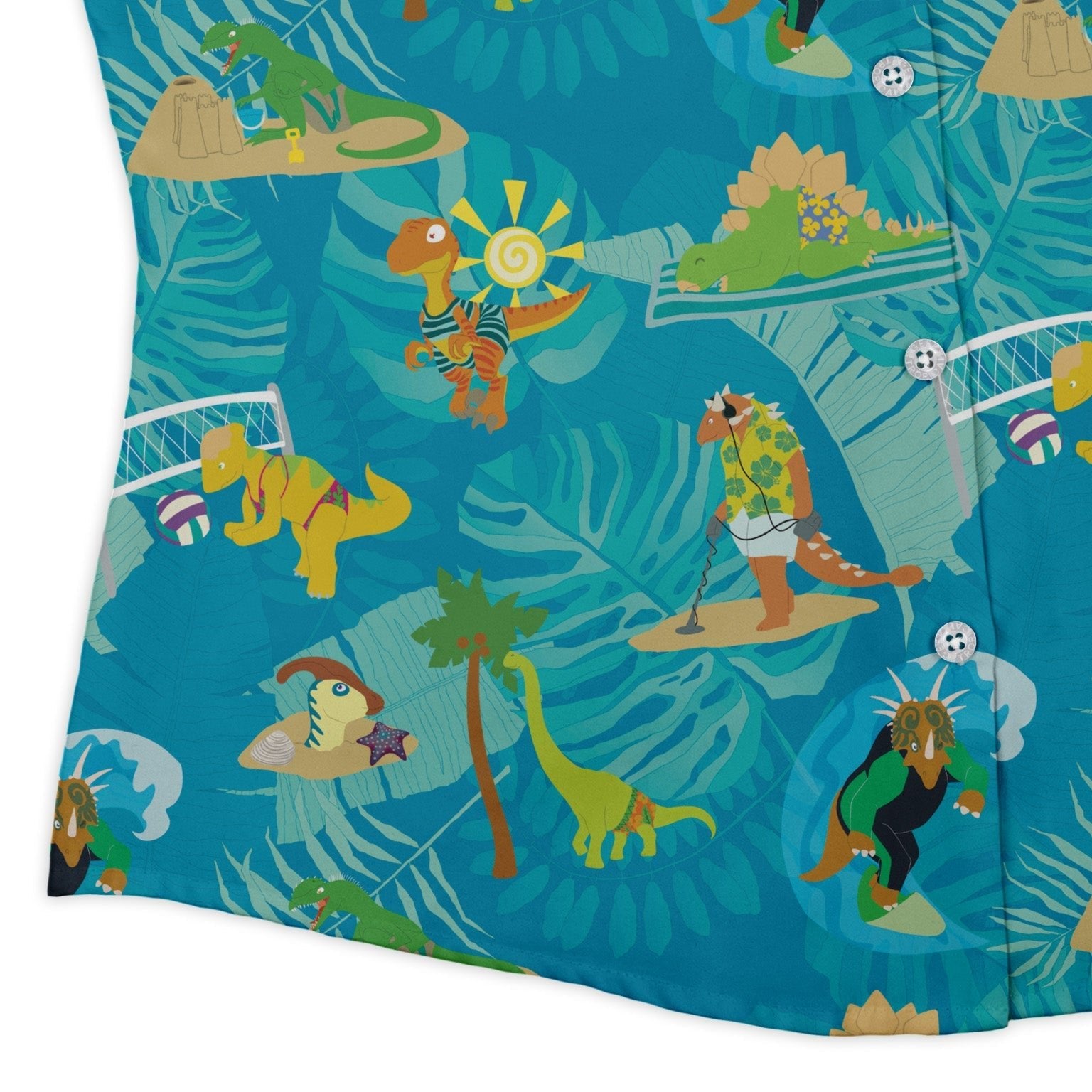 Dino Beach Party Curvy Button Up Shirt Geek Nerd Designs by Nathan dinosaur print Q3