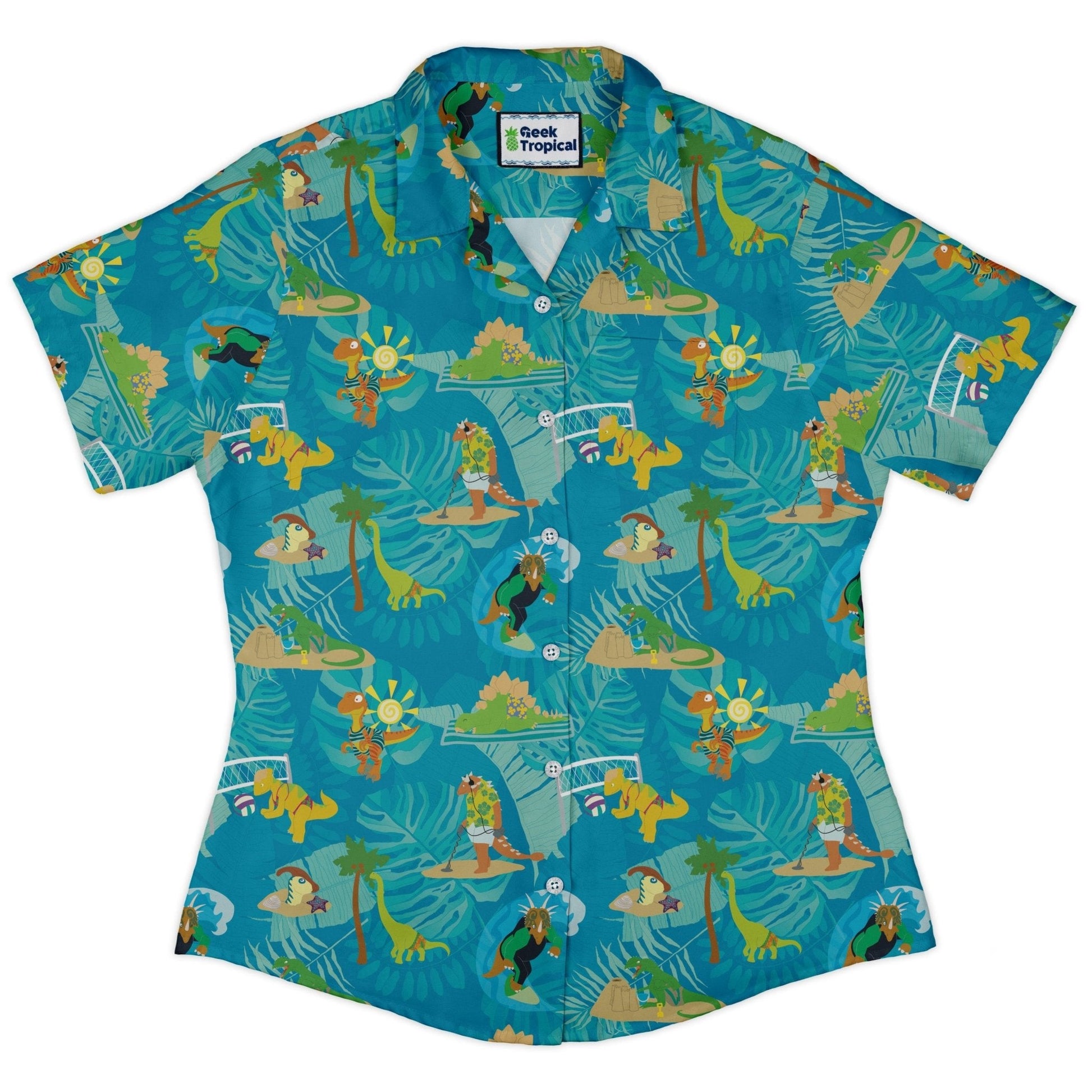 Clearance Ready - to - Ship Dino Beach Party Curvy Button Up Shirt Geek Nerd Clearance Designs by Nathan dinosaur print