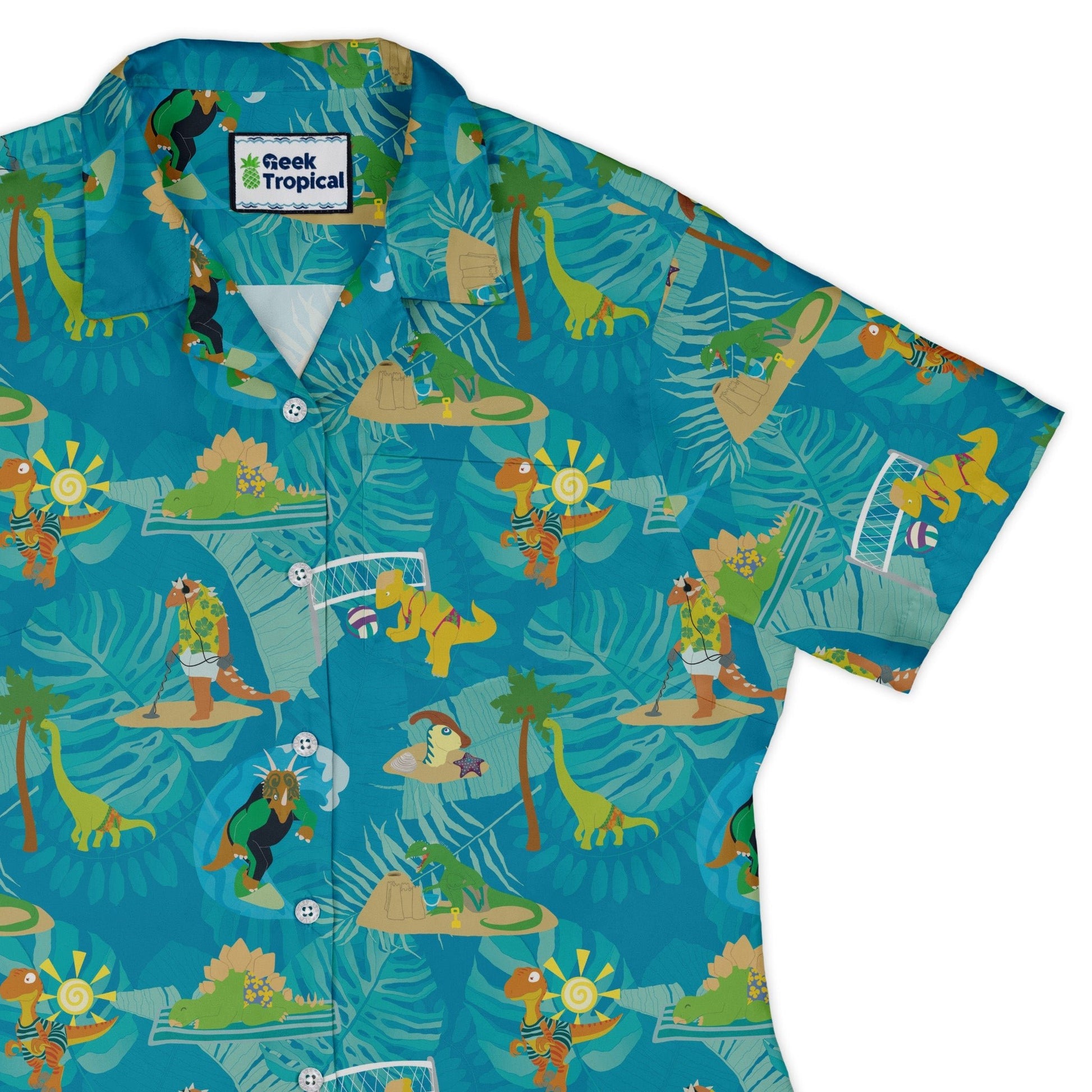 Dino Beach Party Curvy Button Up Shirt Geek Nerd Designs by Nathan dinosaur print Q3
