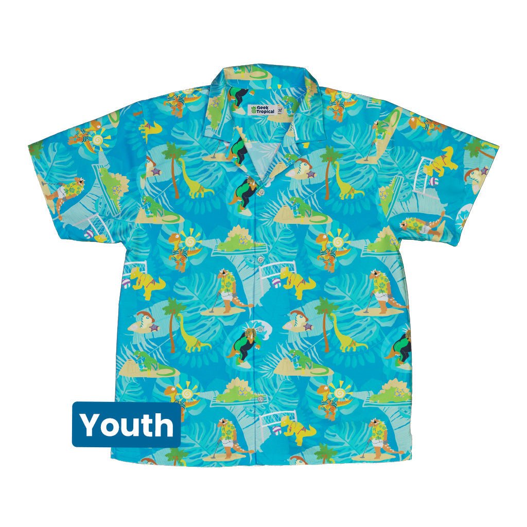 Dino Beach Party Youth Hawaiian Shirt - Designs by Nathan - dinosaur print - Q3