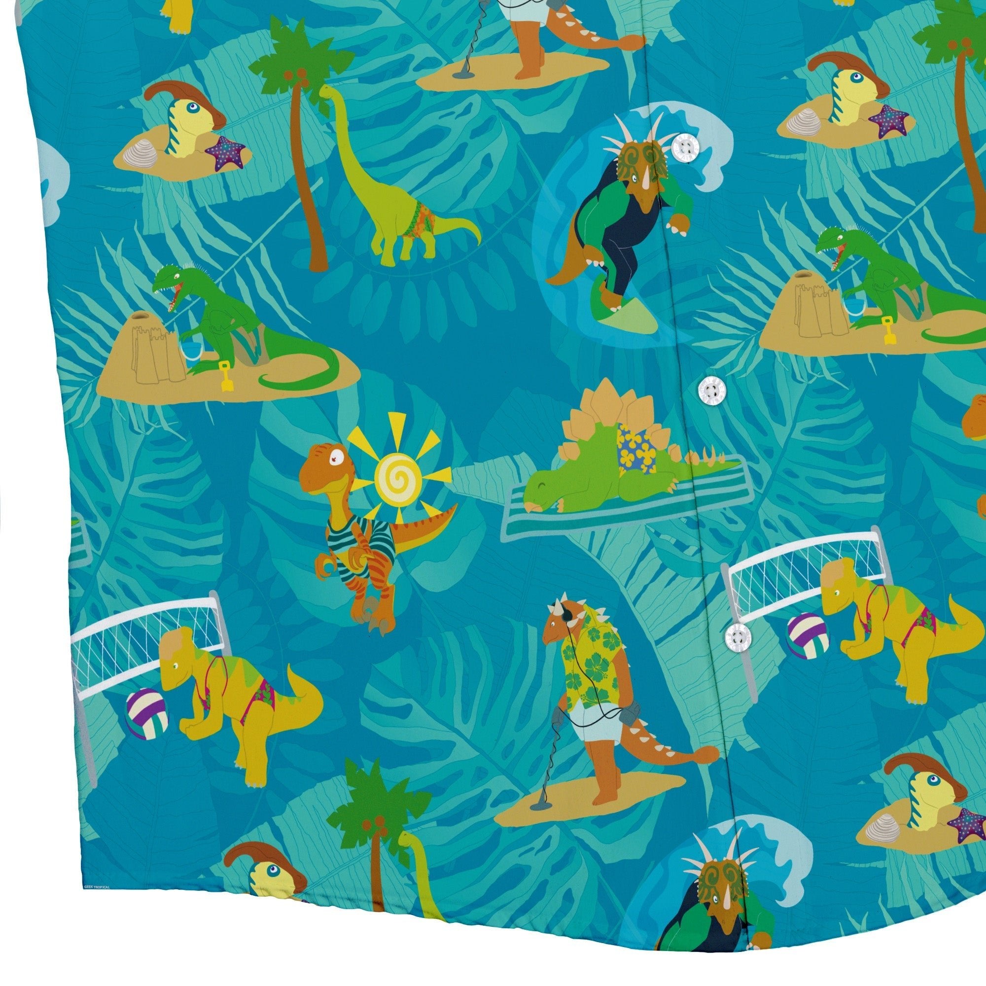 Dino Beach Party Button Up Shirt - adult sizing - Designs by Nathan - dinosaur print
