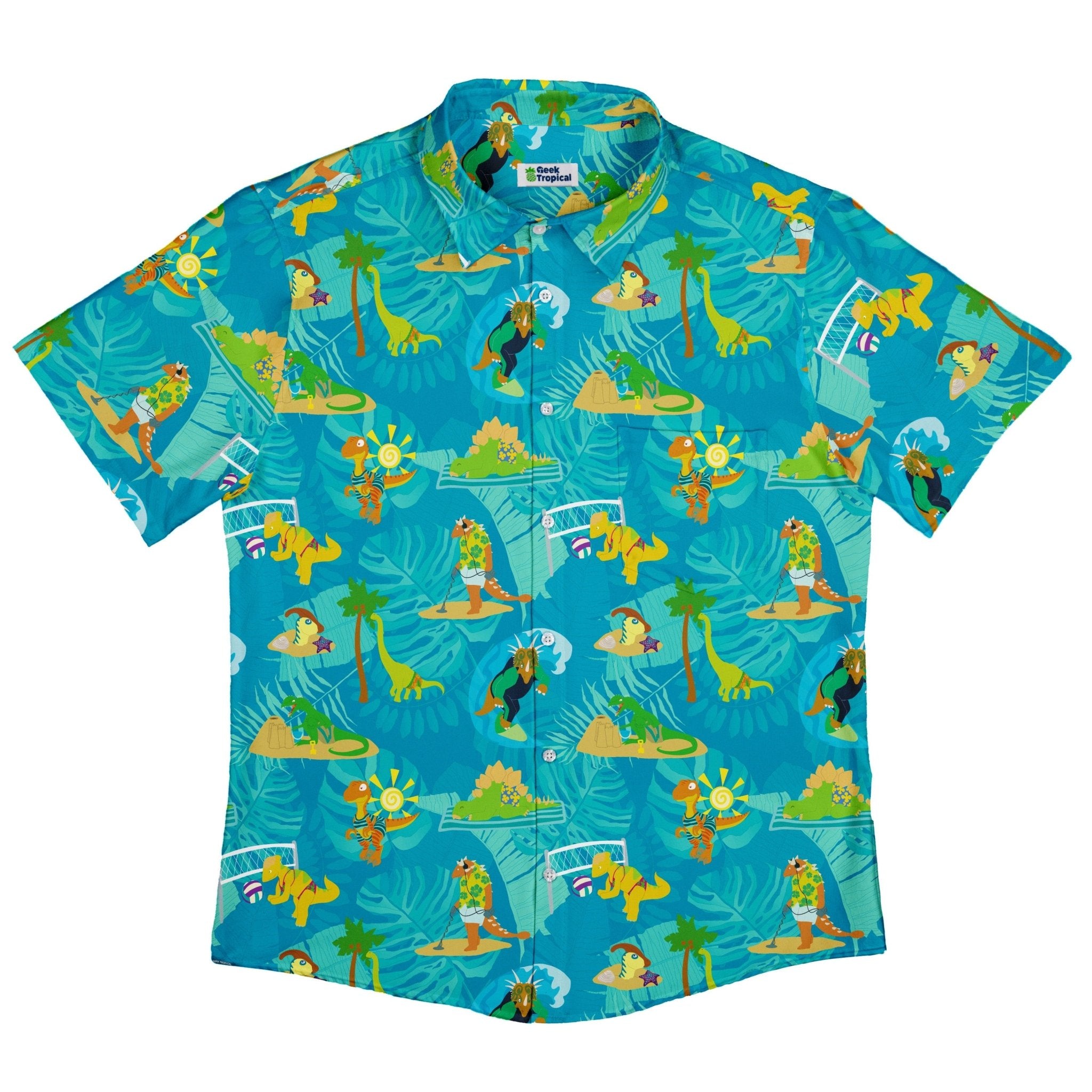 Dino Beach Party Button Up Shirt - adult sizing - Designs by Nathan - dinosaur print