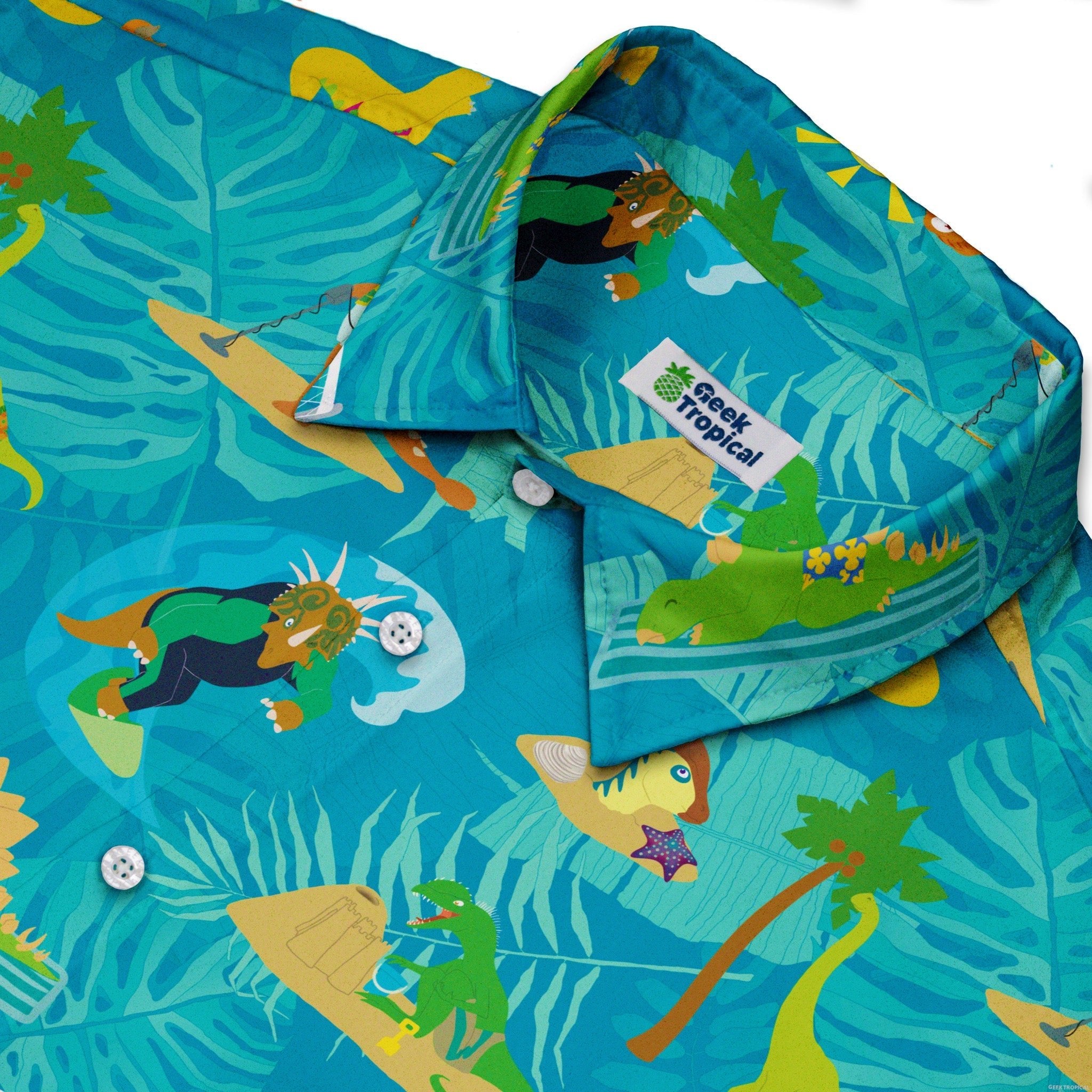 Dino Beach Party Button Up Shirt - adult sizing - Designs by Nathan - dinosaur print