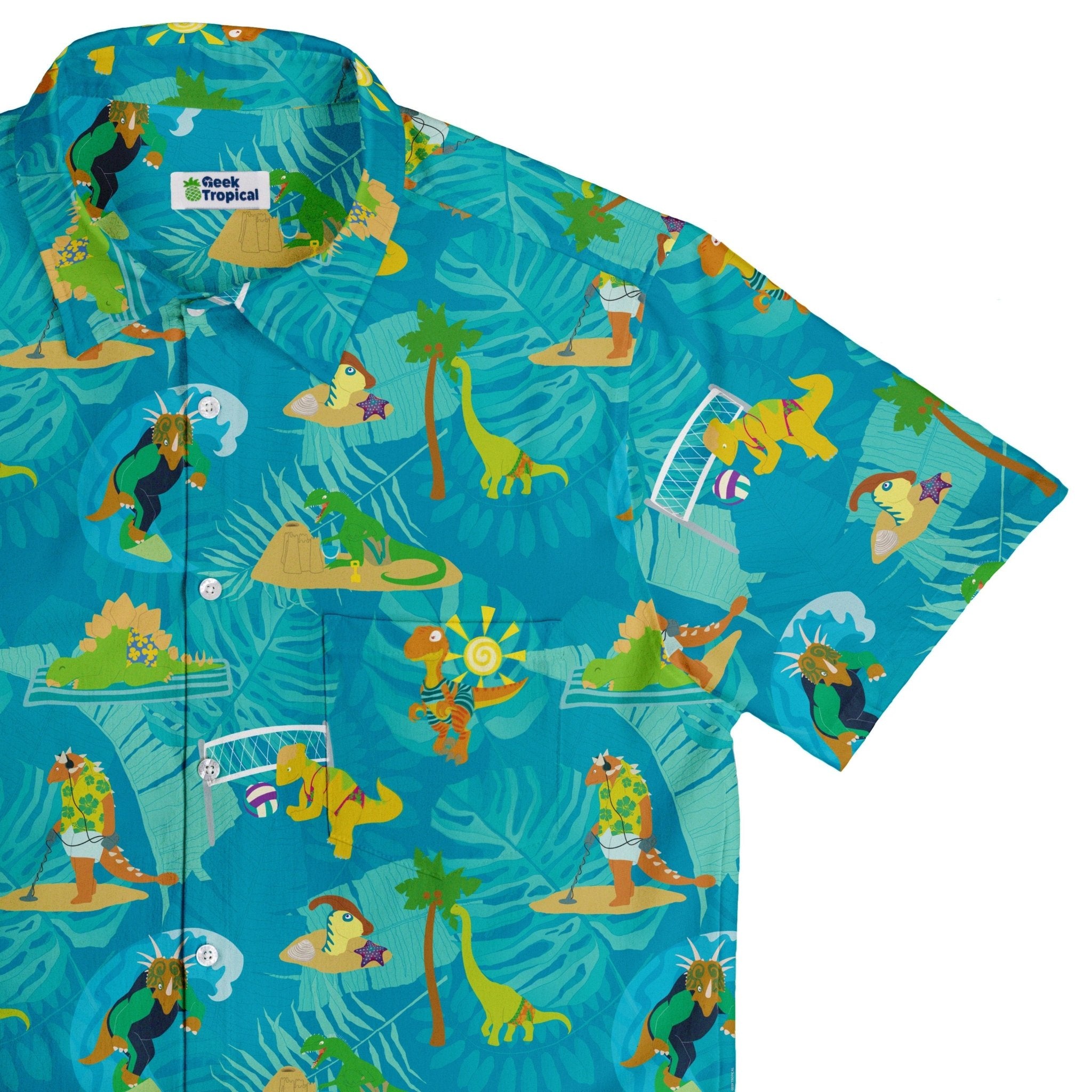 Dino Beach Party Button Up Shirt - adult sizing - Designs by Nathan - dinosaur print