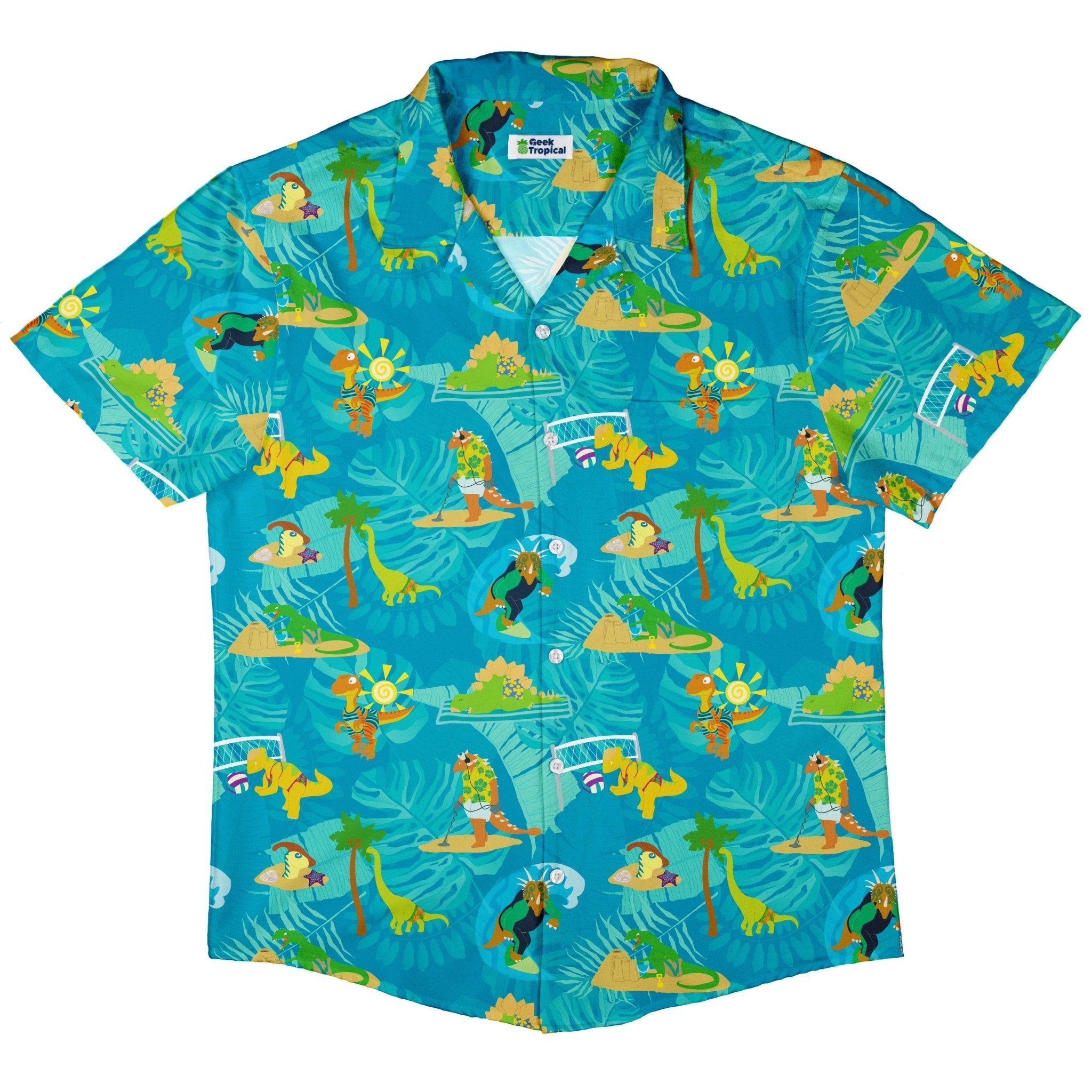 Dino Beach Party Button Up Shirt - adult sizing - Designs by Nathan - dinosaur print