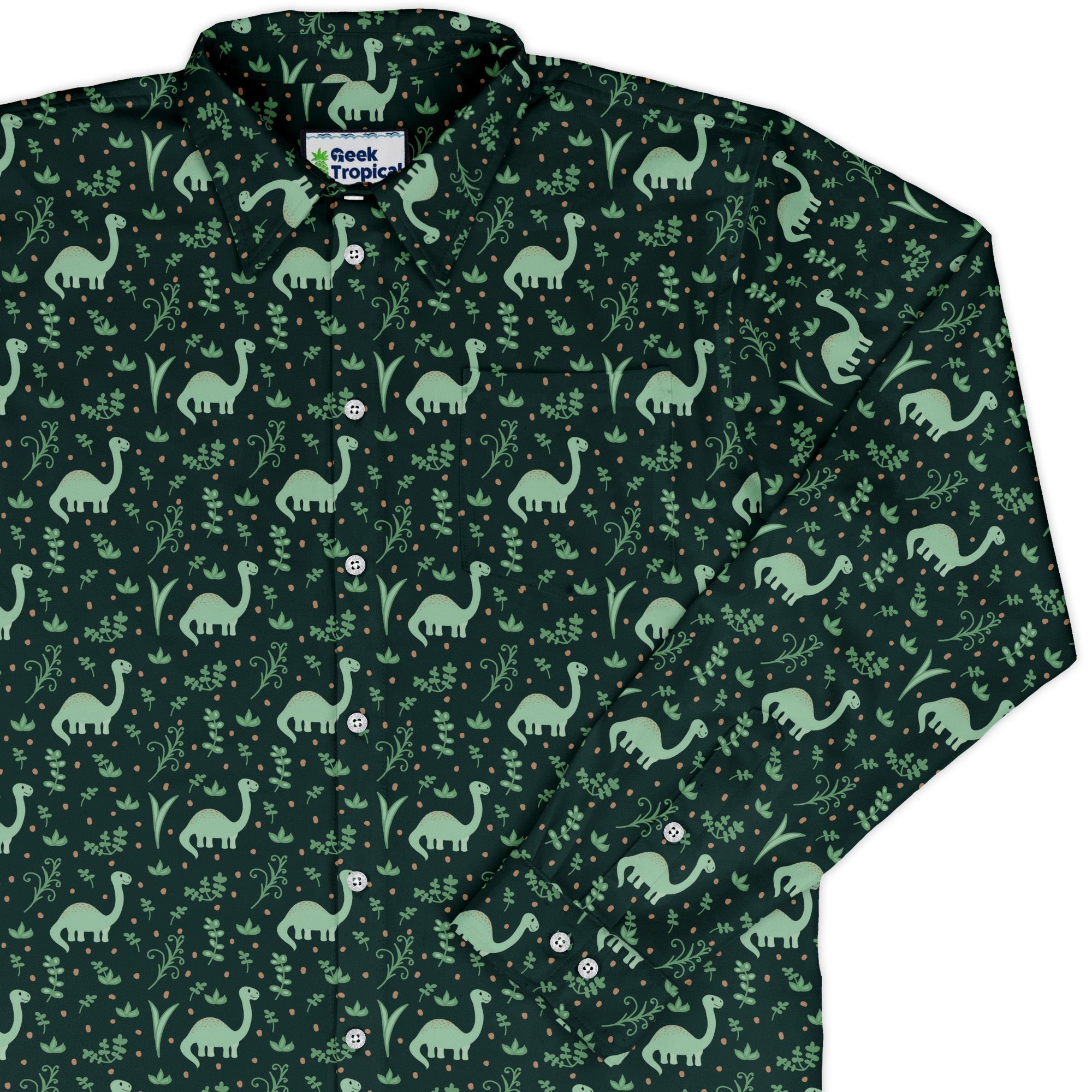 Dino Green Tropics Green Dinosaur Long Sleeve Button Up Shirt Geek Nerd adult sizing dinosaur print FLOW DESC WRITING