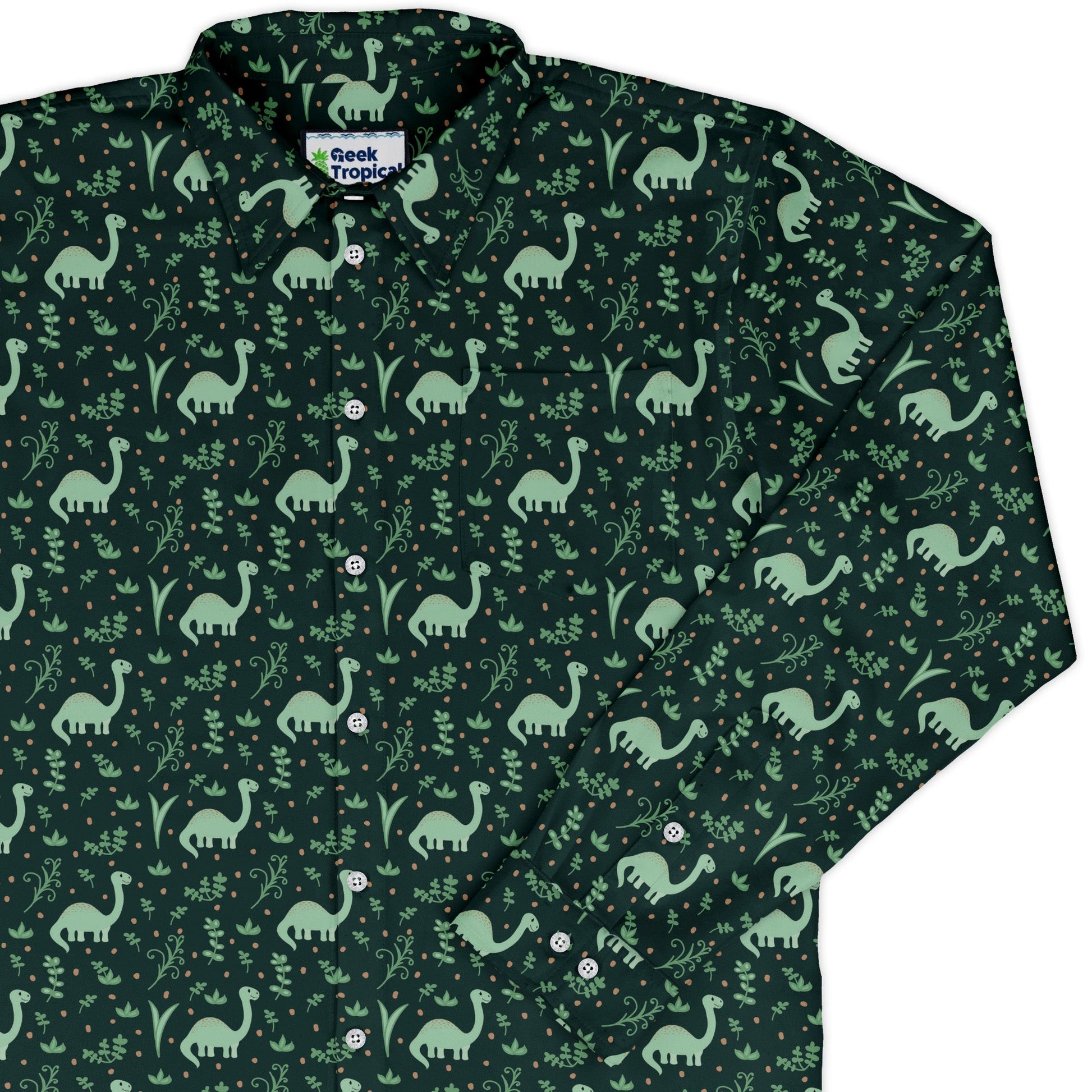 Dino Green Tropics Green Dinosaur Long Sleeve Button Up Shirt Geek Nerd adult sizing dinosaur print FLOW DESC WRITING
