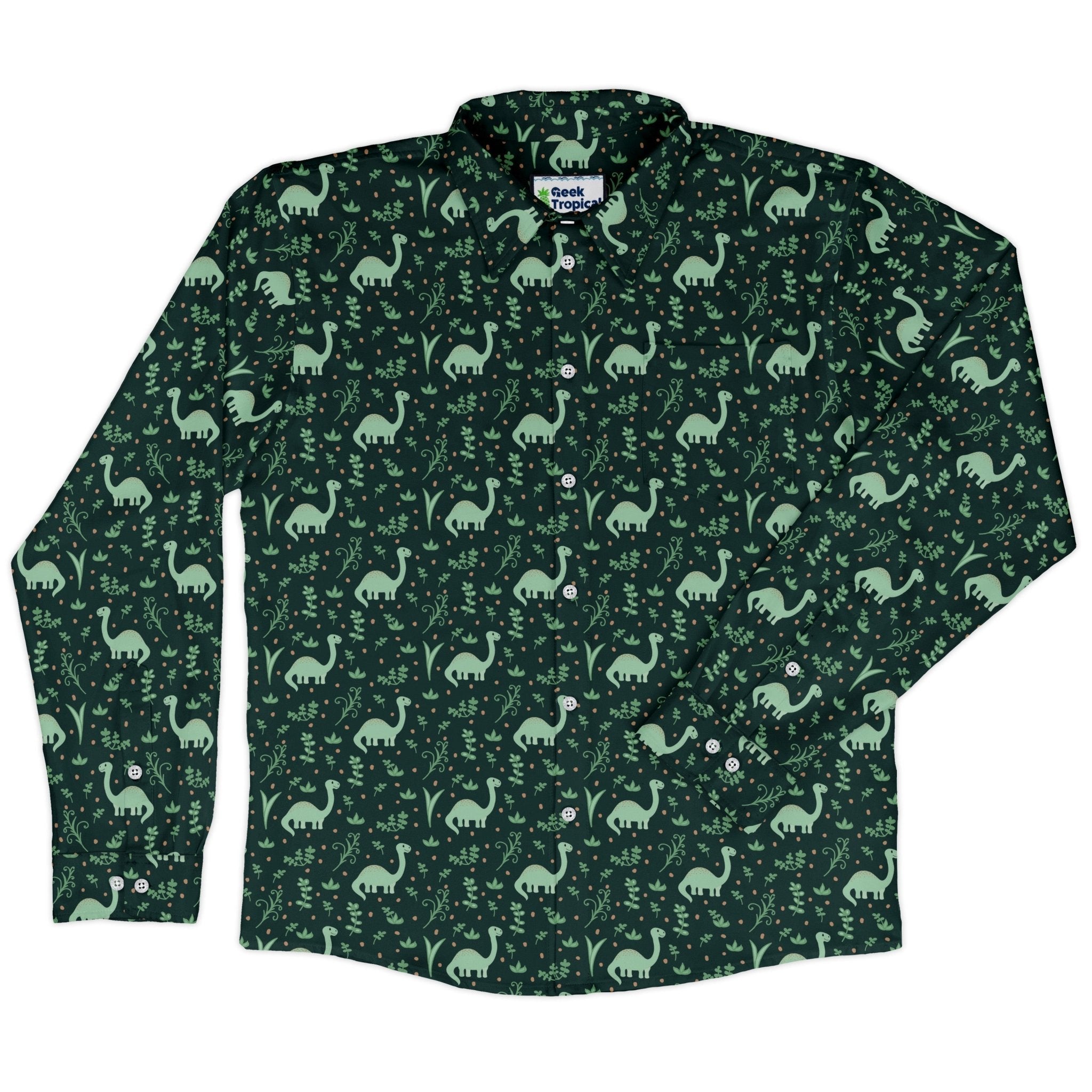 Dino Green Tropics Green Dinosaur Long Sleeve Button Up Shirt Geek Nerd adult sizing dinosaur print FLOW DESC WRITING
