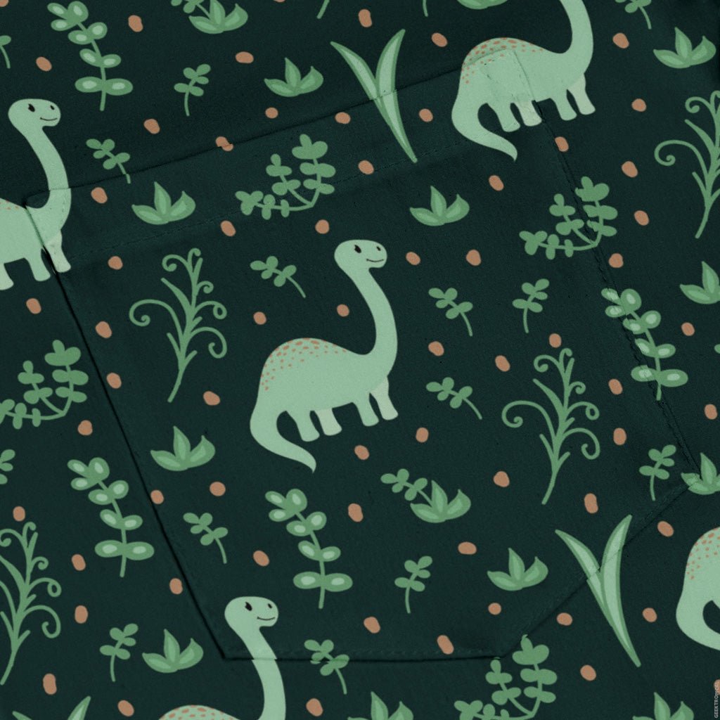 Dino Green Tropics Green Dinosaur Long Sleeve Button Up Shirt Geek Nerd adult sizing dinosaur print FLOW DESC WRITING