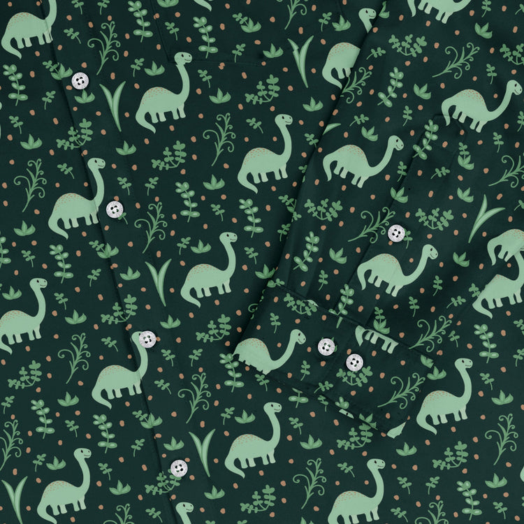 Dino Green Tropics Green Dinosaur Long Sleeve Button Up Shirt Geek Nerd adult sizing dinosaur print FLOW DESC WRITING