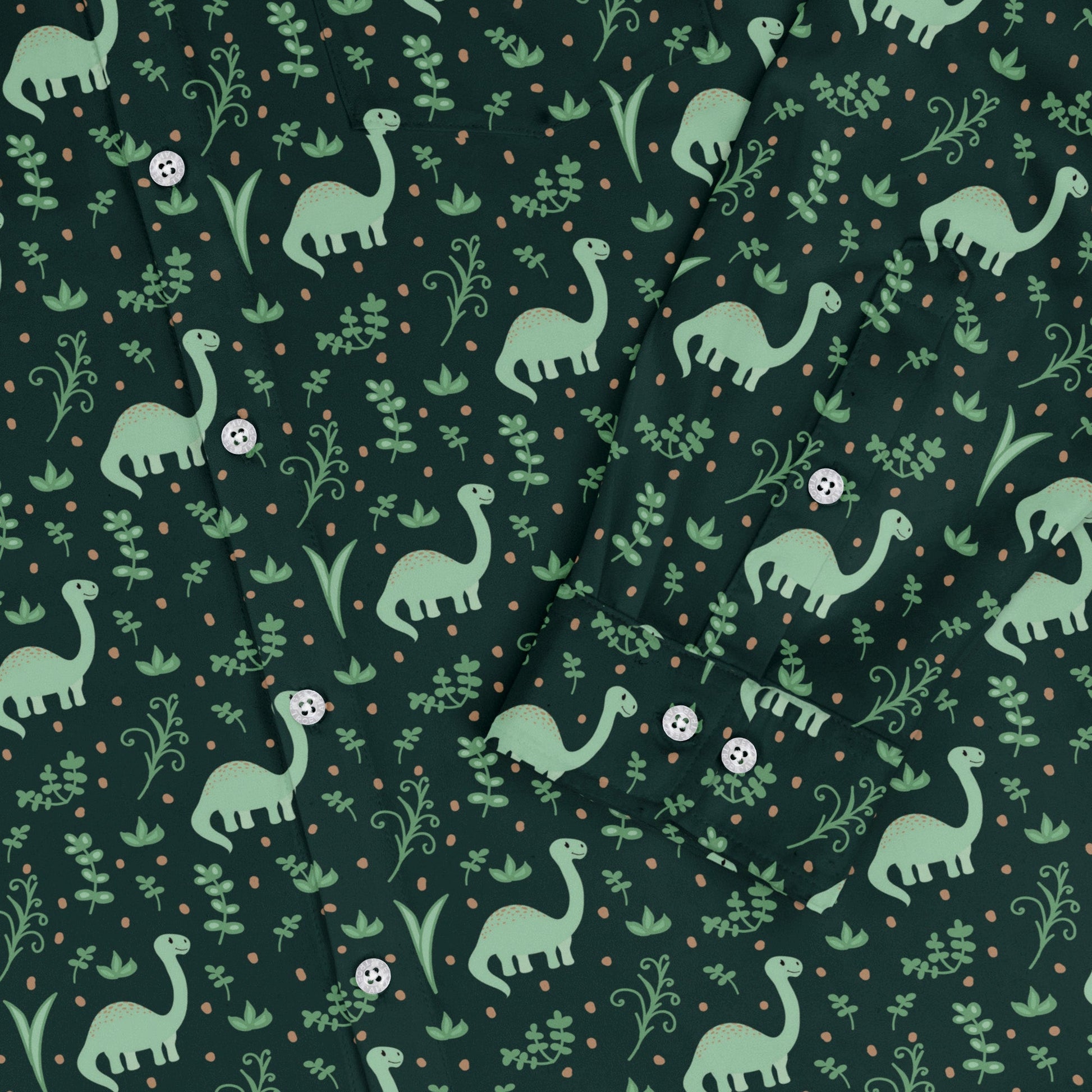 Dino Green Tropics Green Dinosaur Long Sleeve Button Up Shirt Geek Nerd adult sizing dinosaur print FLOW DESC WRITING