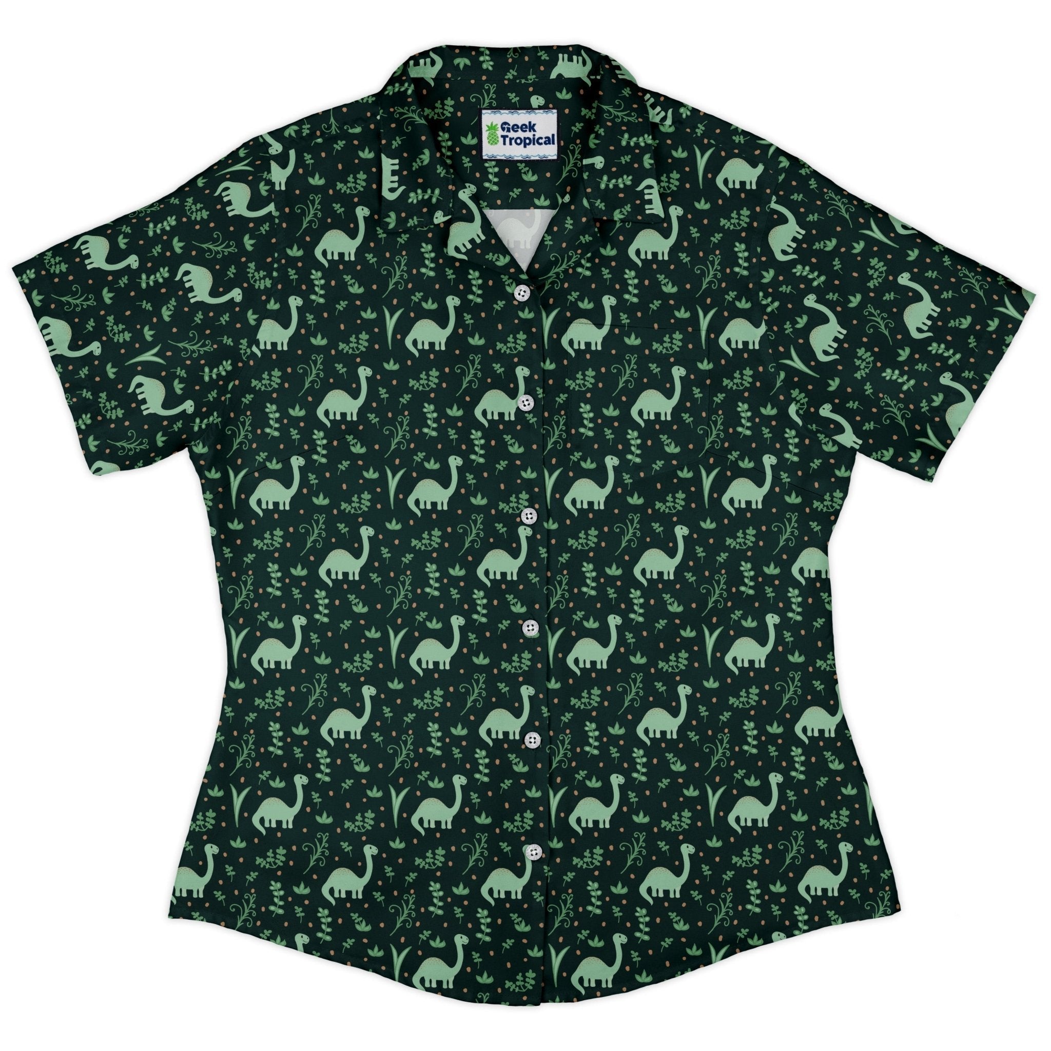 Clearance Ready - to - Ship Dino Green Tropics Green Dinosaur Curvy Button Up Shirt Geek Nerd Clearance dinosaur print Ready - to - Ship