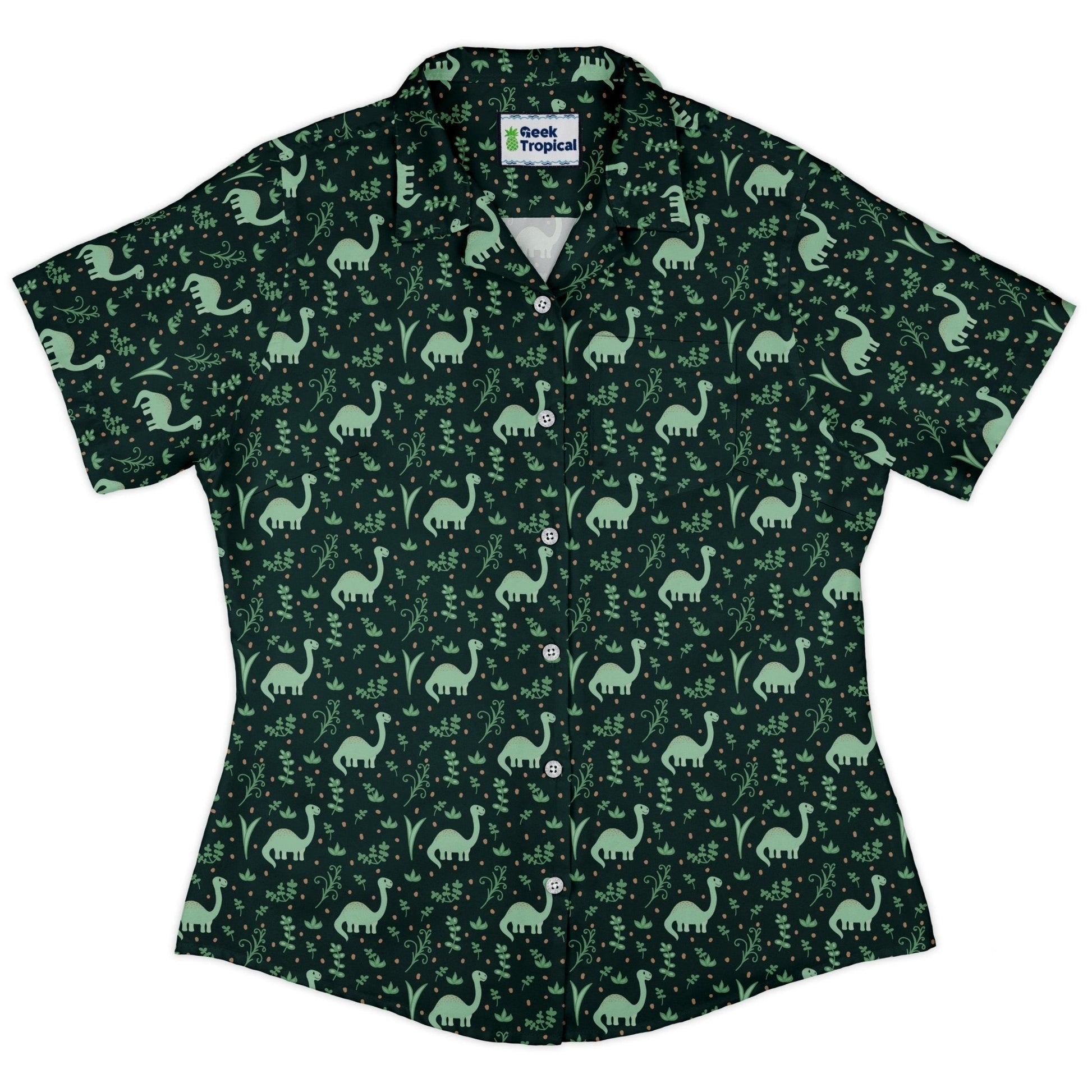 Clearance Ready - to - Ship Dino Green Tropics Green Dinosaur Curvy Button Up Shirt Geek Nerd Clearance dinosaur print Ready - to - Ship