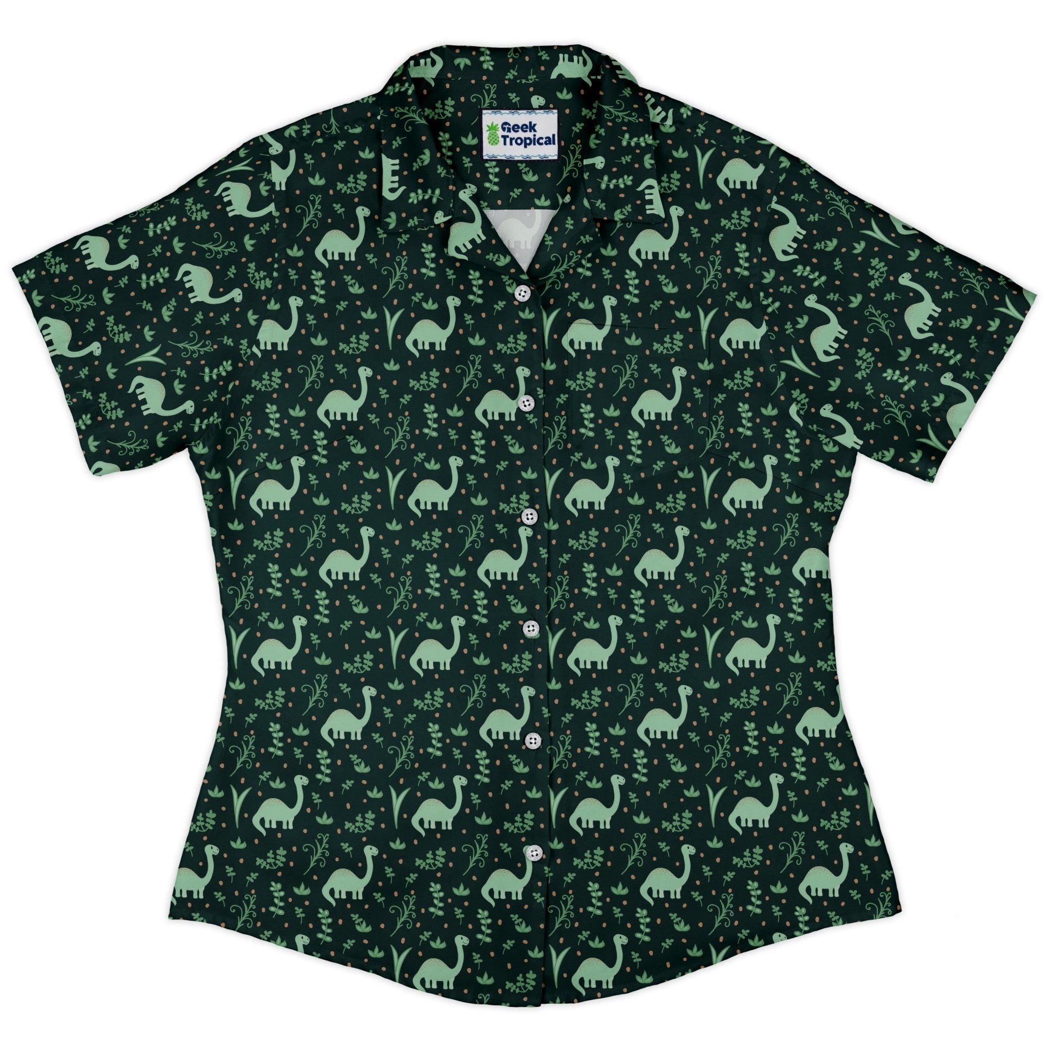 Dino Green Tropics Green Dinosaur Curvy Button Up Shirt Geek Nerd dinosaur print women