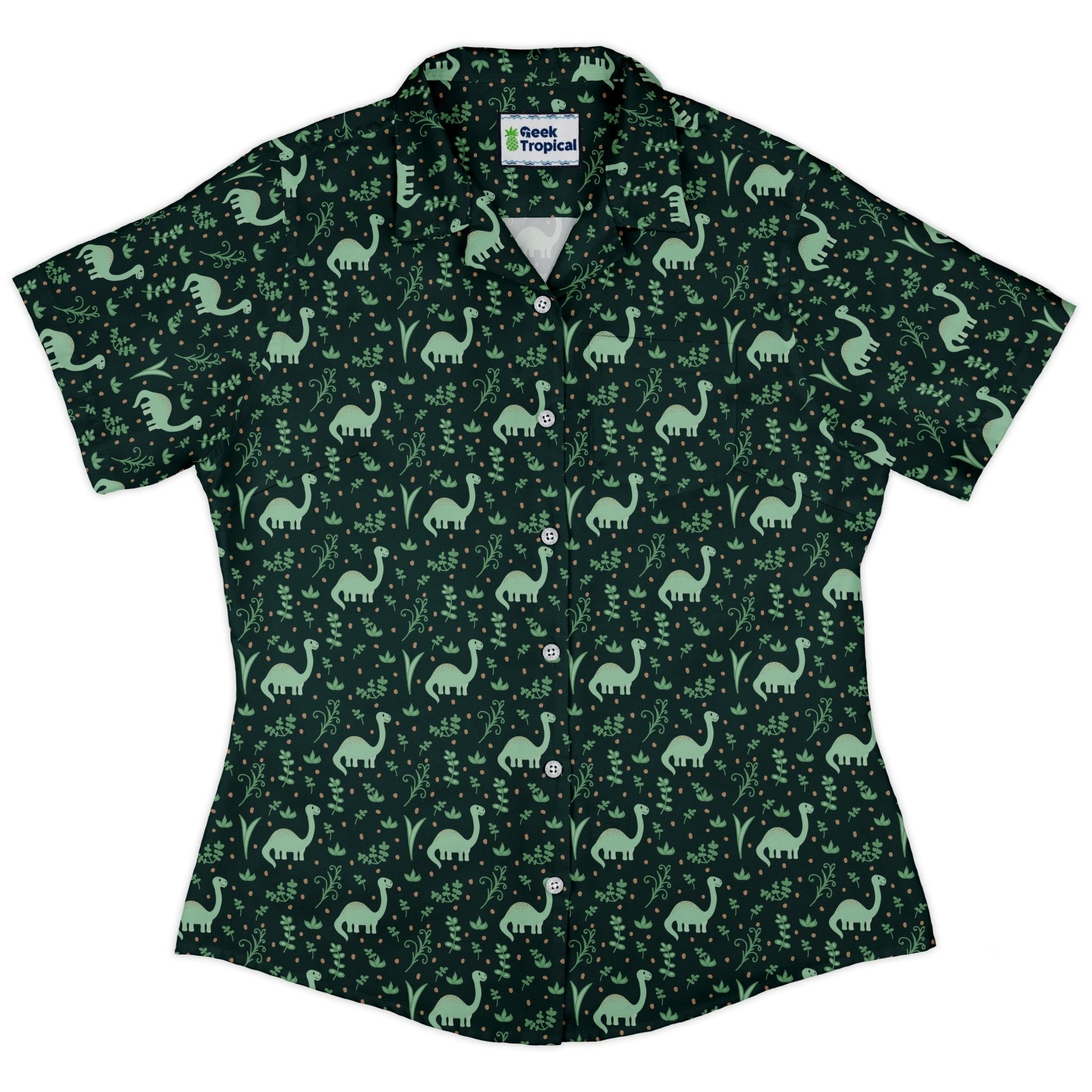 Dino Green Tropics Green Dinosaur Curvy Button Up Shirt Geek Nerd dinosaur print women