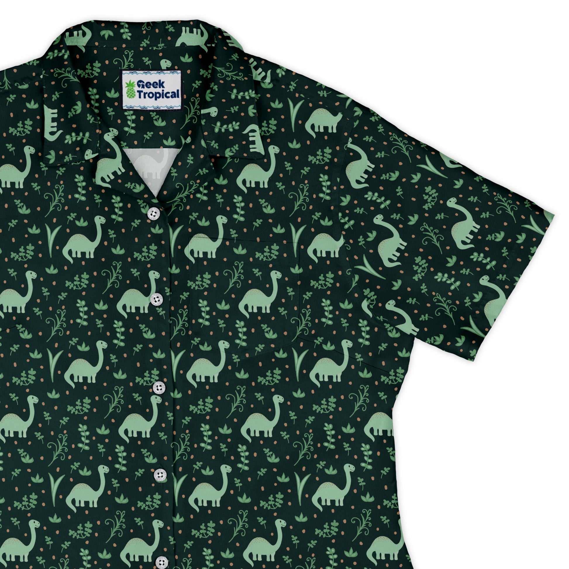 Dino Green Tropics Green Dinosaur Curvy Button Up Shirt Geek Nerd dinosaur print women