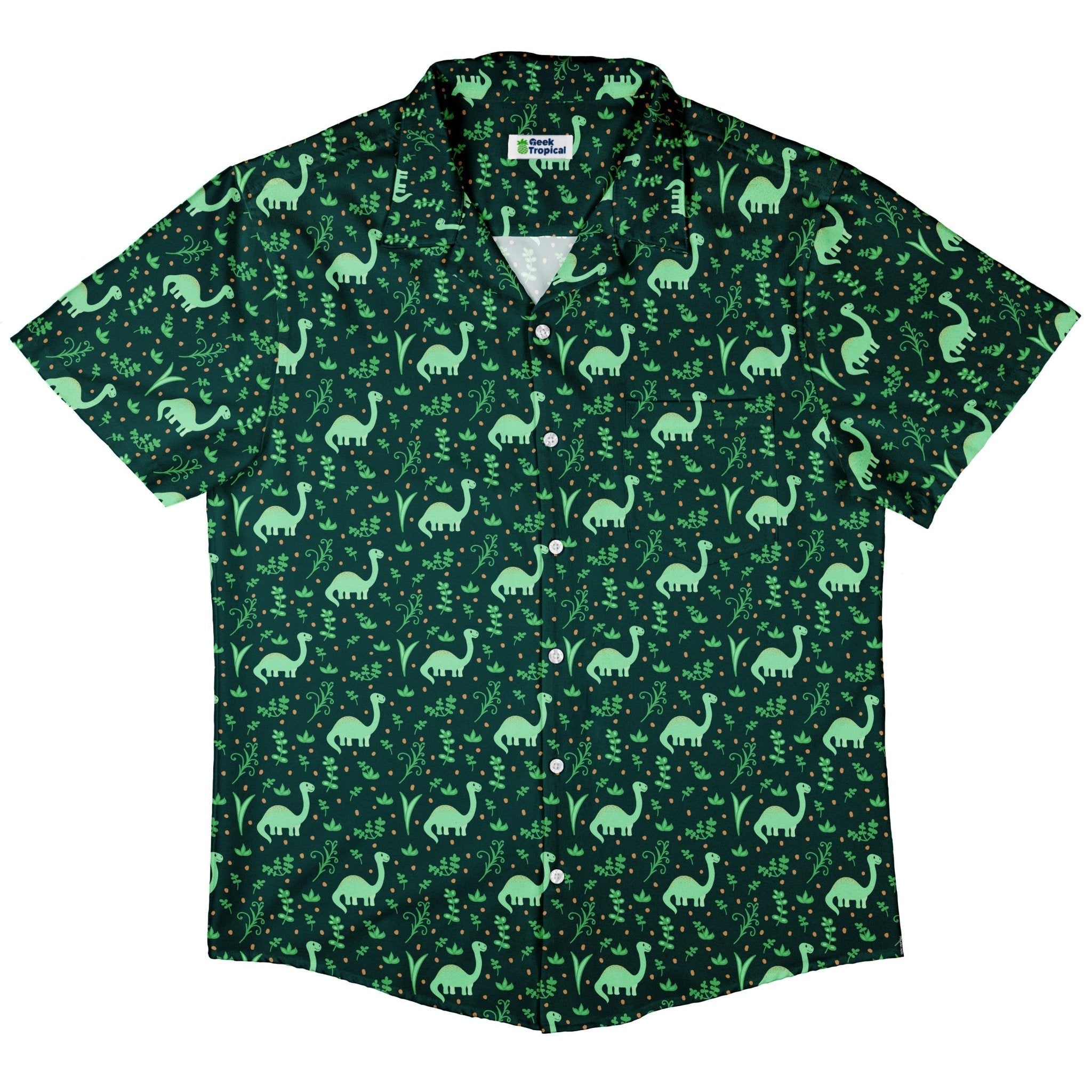 Clearance Ready - to - Ship Dino Green Tropics Green Dinosaur Button Up Shirt Geek Nerd adult sizing Clearance dinosaur print