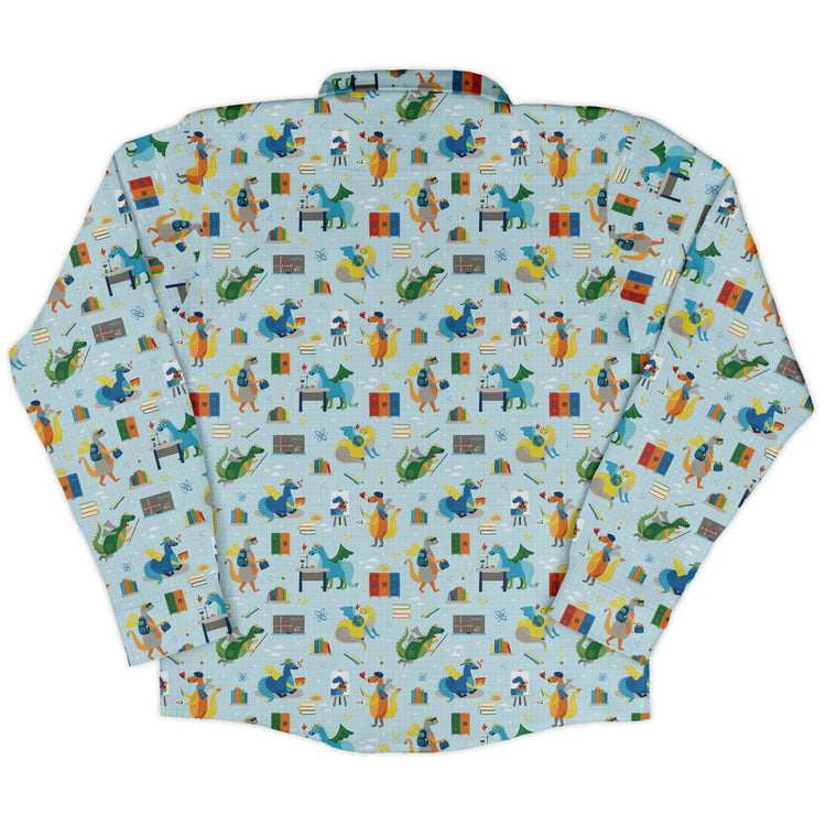 Dino School Long Sleeve Button Up Shirt Geek Nerd adult sizing Design by Zirkus Design dinosaur print