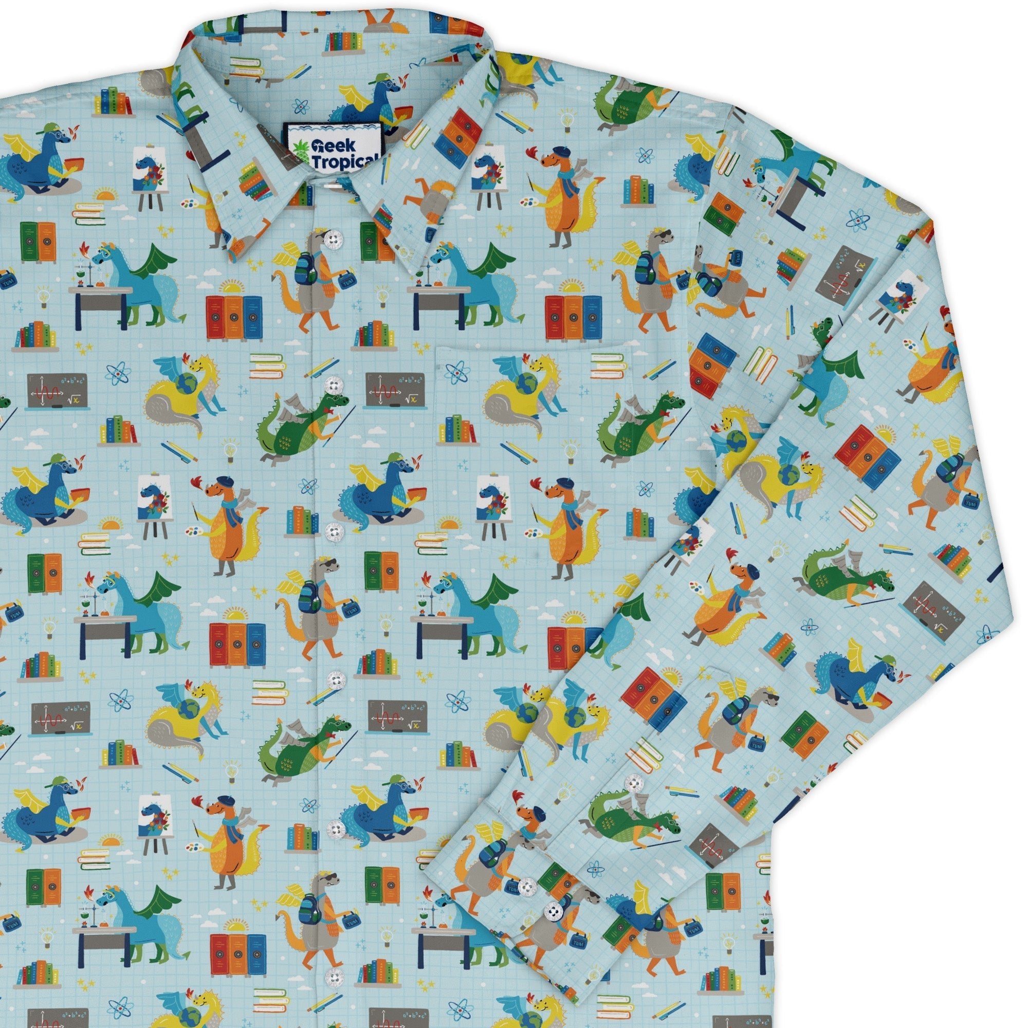 Dino School Long Sleeve Button Up Shirt Geek Nerd adult sizing Design by Zirkus Design dinosaur print