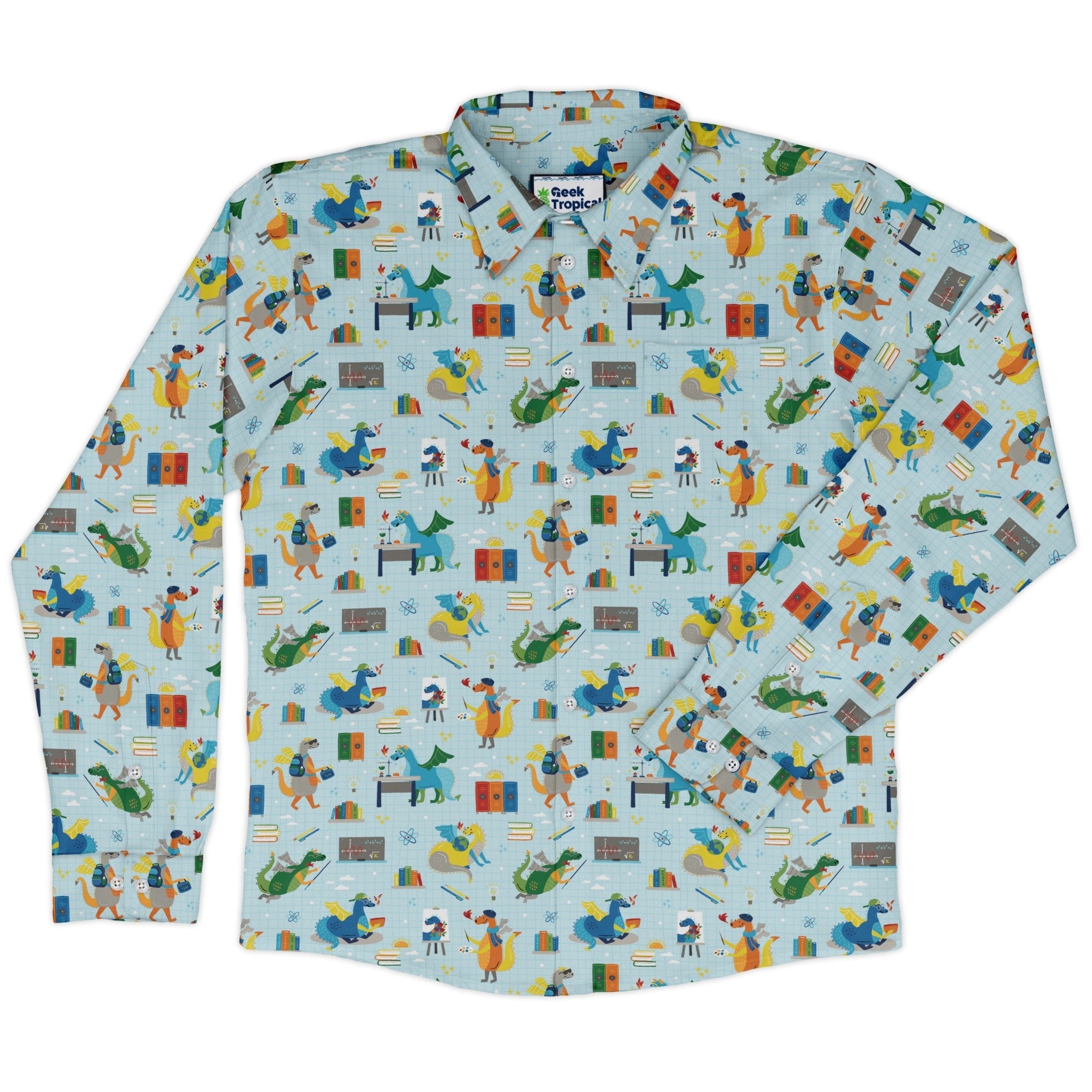 Dino School Long Sleeve Button Up Shirt Geek Nerd adult sizing Design by Zirkus Design dinosaur print