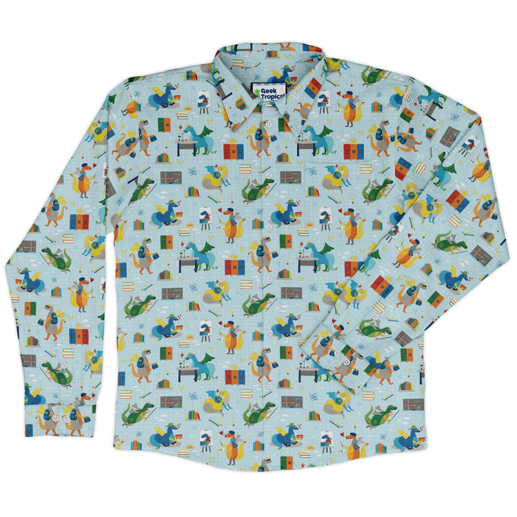 Dino School Long Sleeve Button Up Shirt Geek Nerd adult sizing Design by Zirkus Design dinosaur print
