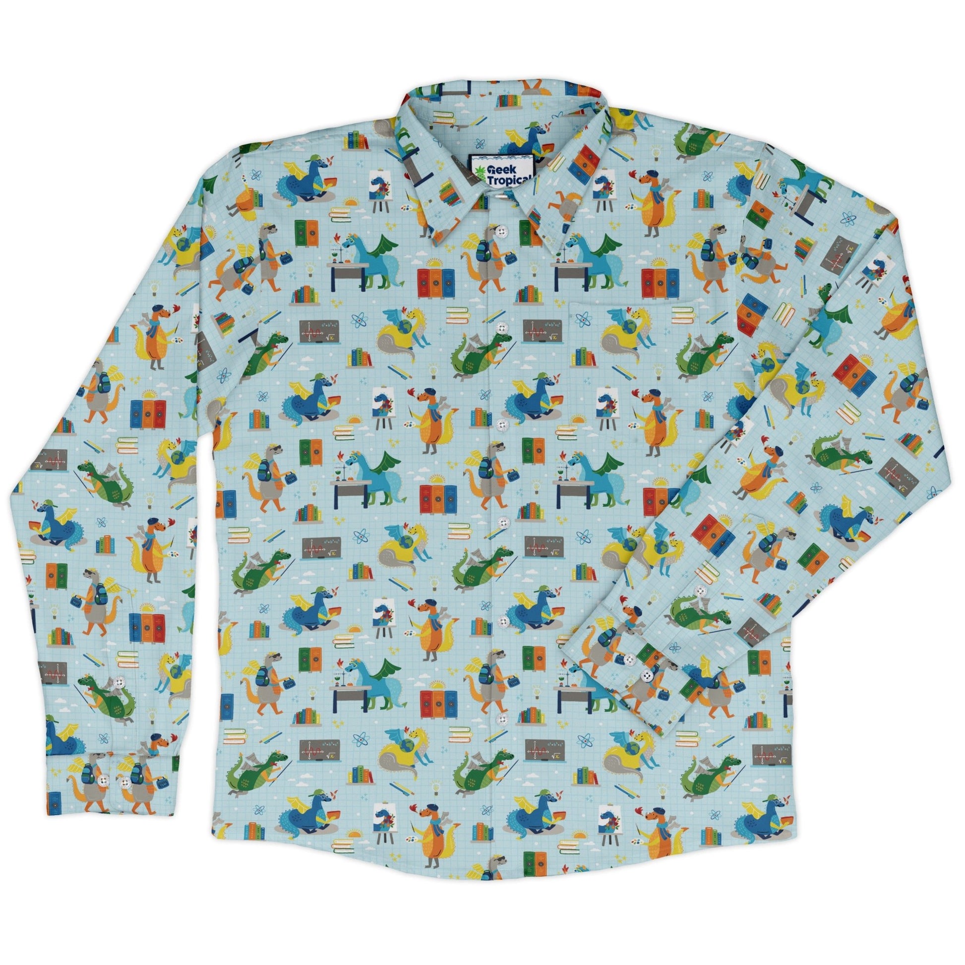 Dino School Long Sleeve Button Up Shirt Geek Nerd adult sizing Design by Zirkus Design dinosaur print