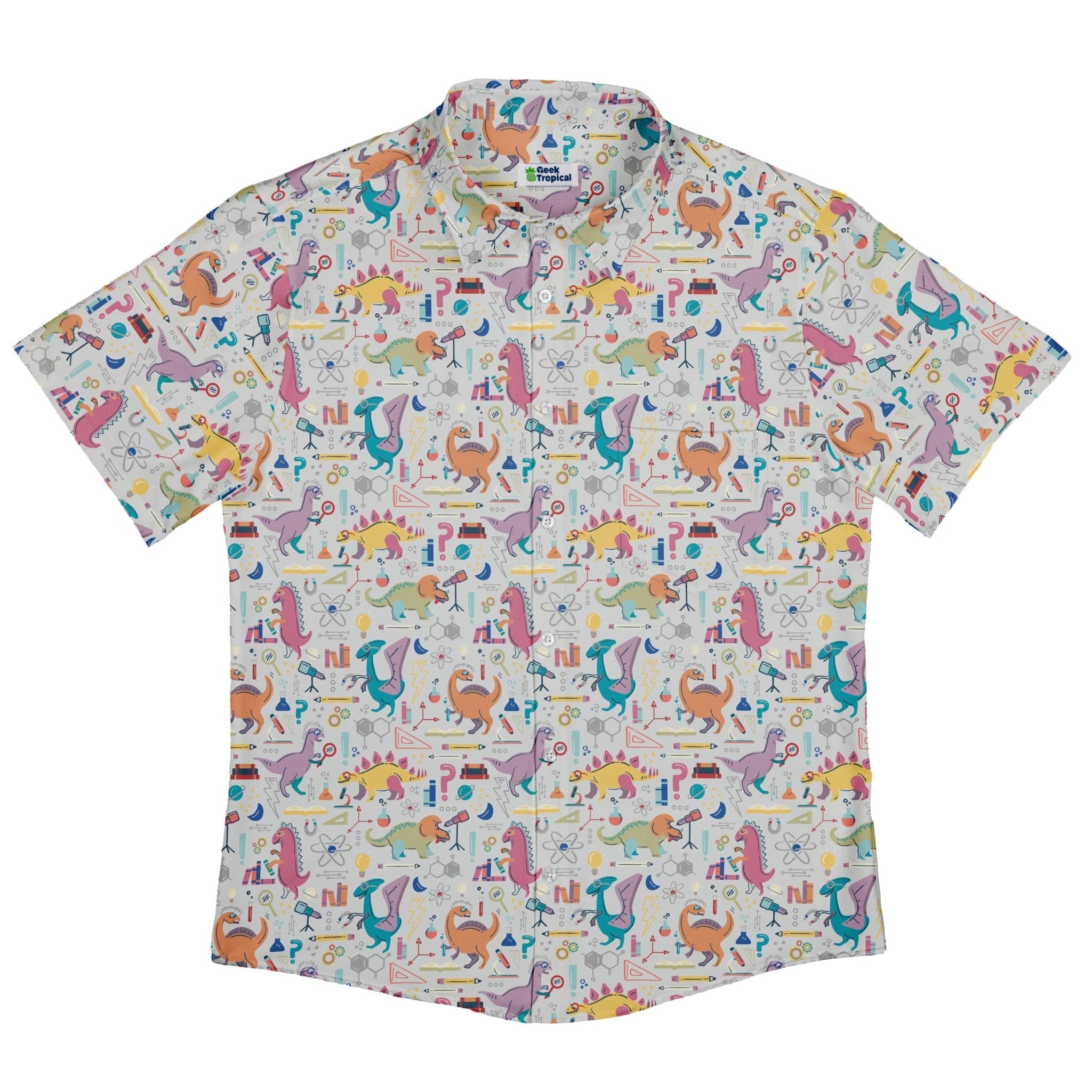 Dino Scientists Button Up Shirt Geek Nerd adult sizing Design by Zirkus Design dinosaur print