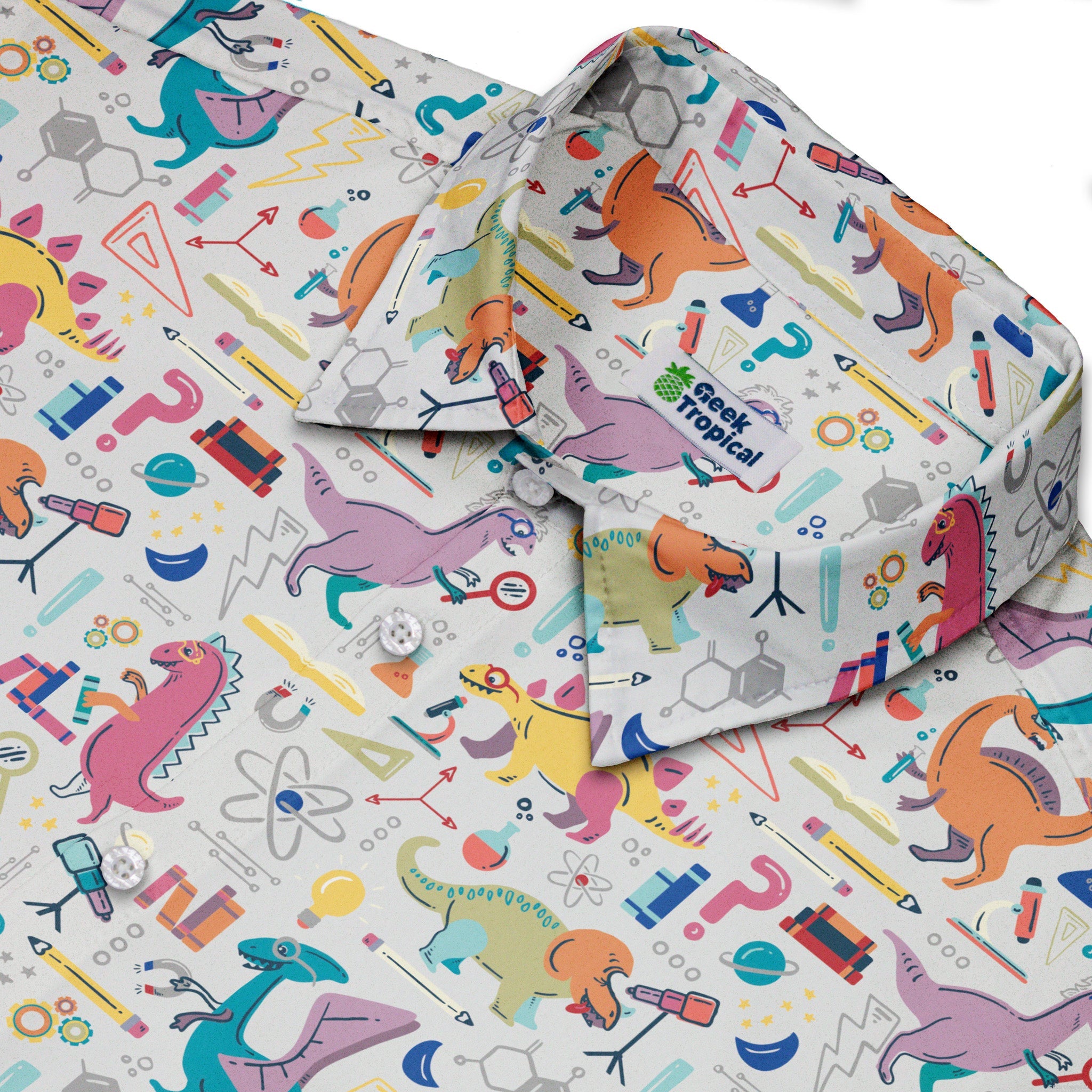 Dino Scientists Button Up Shirt Geek Nerd adult sizing Design by Zirkus Design dinosaur print