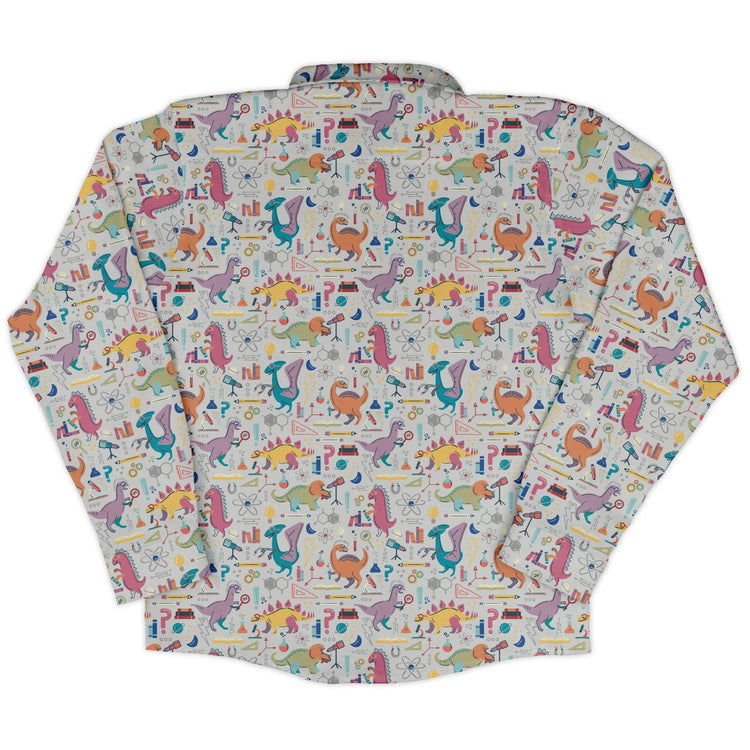 Dino Scientists Long Sleeve Button Up Shirt Geek Nerd adult sizing Design by Zirkus Design dinosaur print