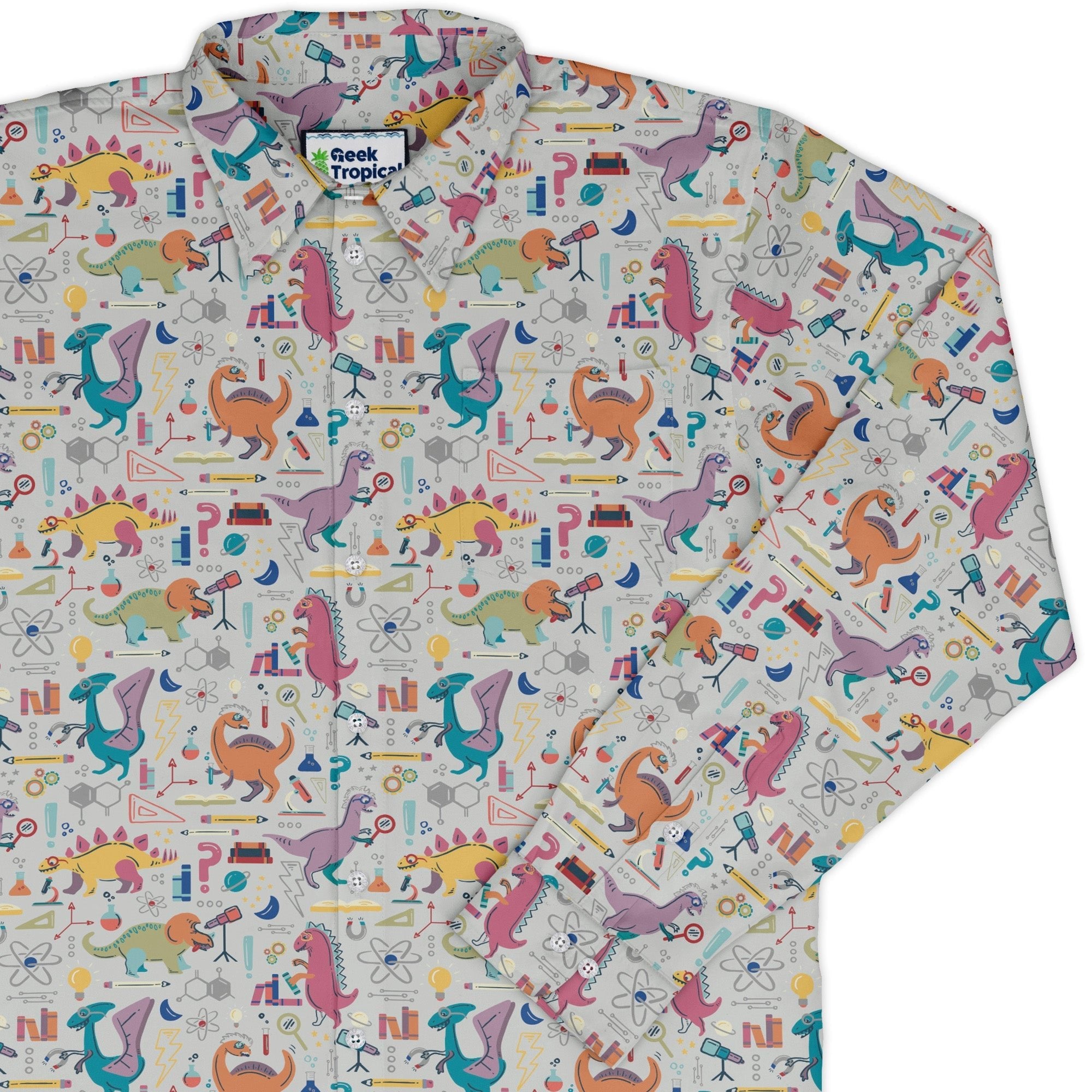 Dino Scientists Long Sleeve Button Up Shirt Geek Nerd adult sizing Design by Zirkus Design dinosaur print