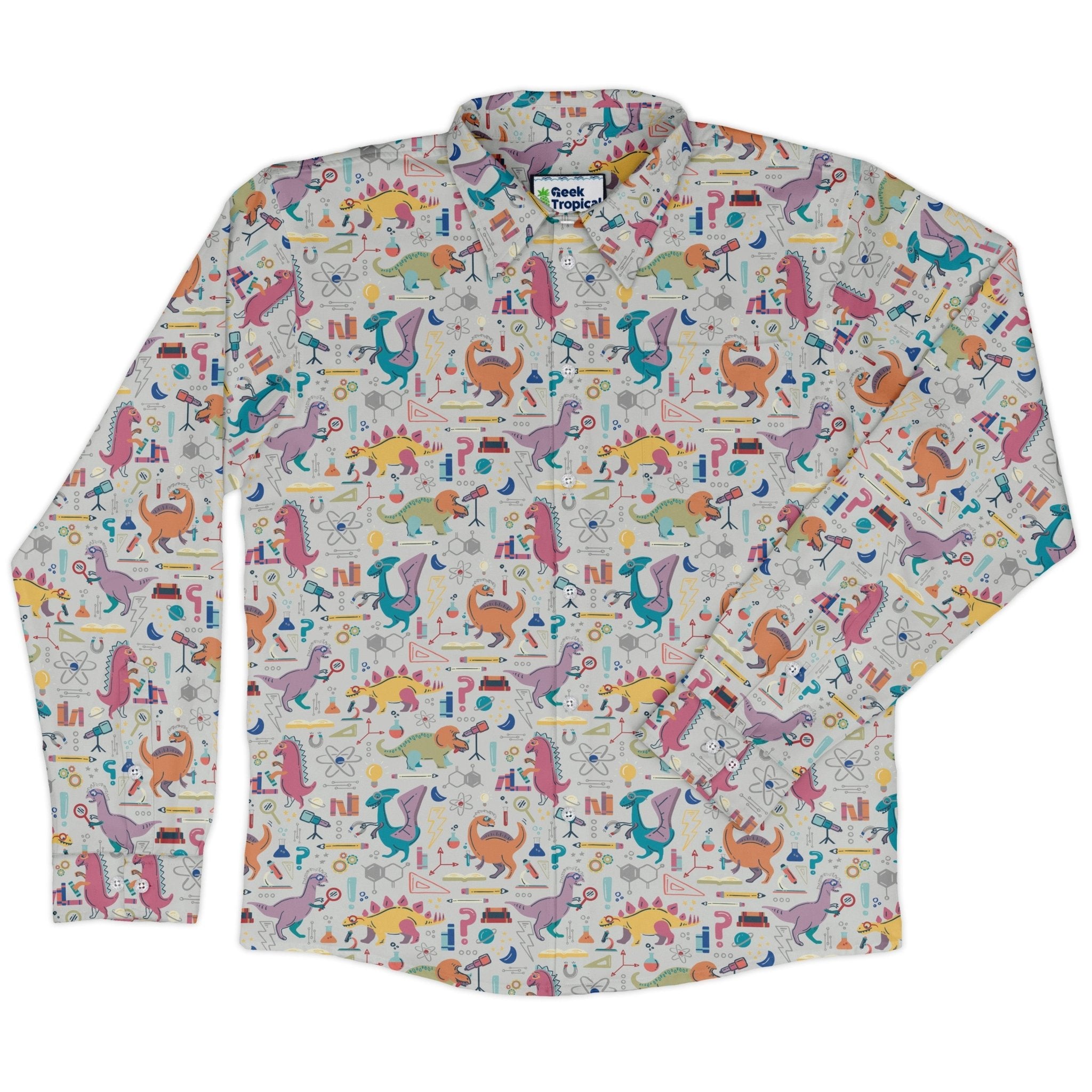 Dino Scientists Long Sleeve Button Up Shirt Geek Nerd adult sizing Design by Zirkus Design dinosaur print