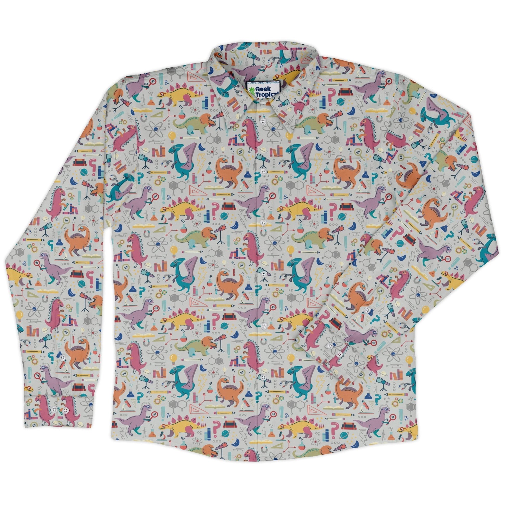 Dino Scientists Long Sleeve Button Up Shirt Geek Nerd adult sizing Design by Zirkus Design dinosaur print