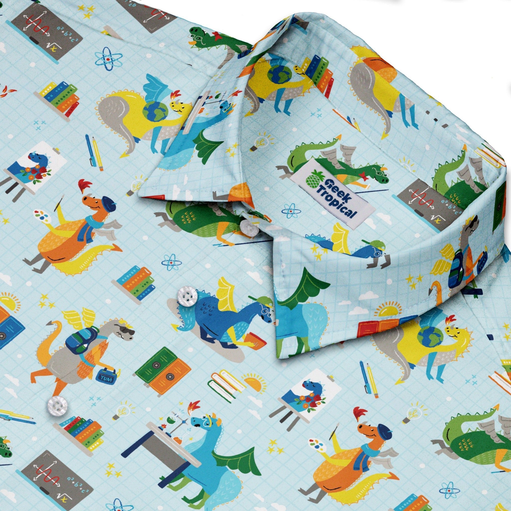 Dino School Button Up Shirt Geek Nerd adult sizing Design by Zirkus Design dinosaur print