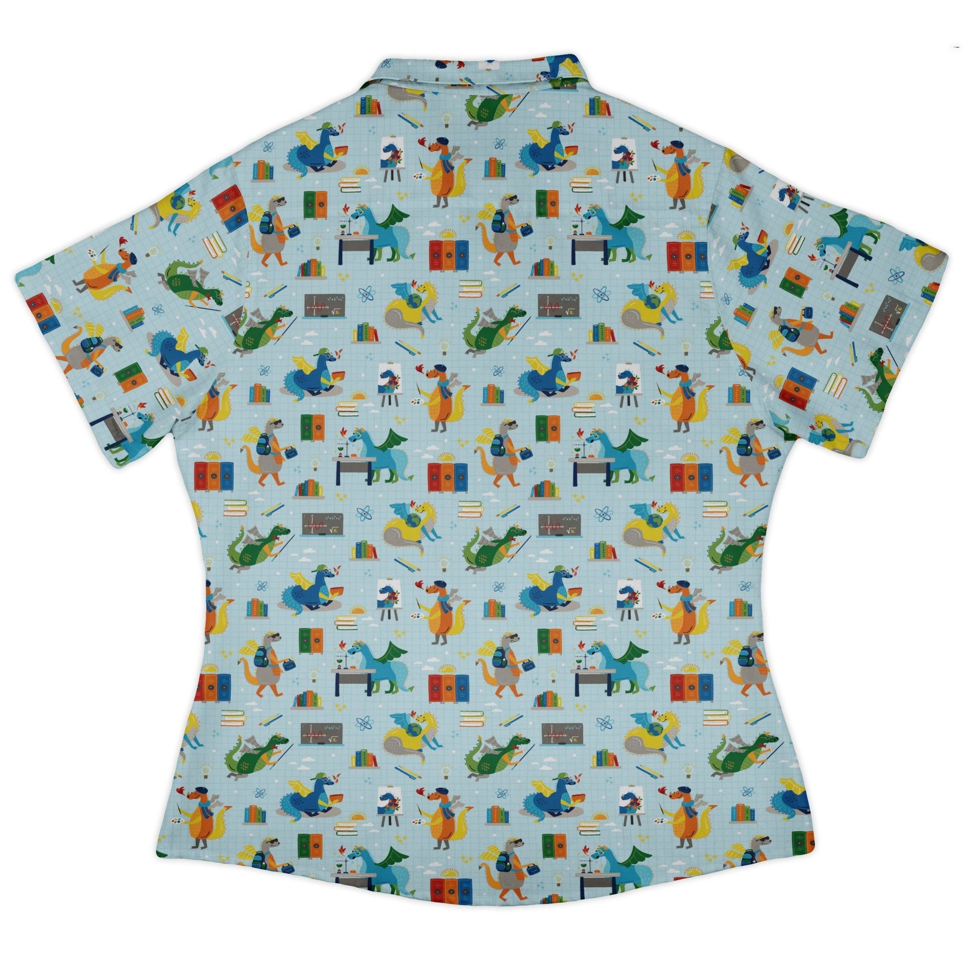 Dino School Curvy Button Up Shirt Geek Nerd Design by Zirkus Design dinosaur print q225