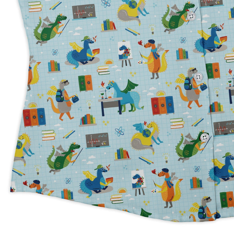 Dino School Curvy Button Up Shirt Geek Nerd Design by Zirkus Design dinosaur print q225