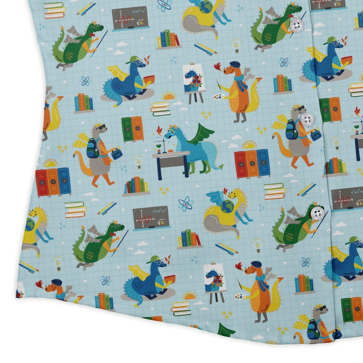 Dino School Curvy Button Up Shirt Geek Nerd Design by Zirkus Design dinosaur print q225