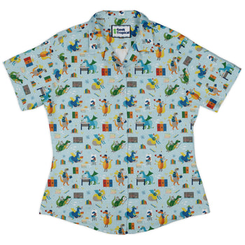 Dino School Curvy Button Up Shirt Geek Nerd Design by Zirkus Design dinosaur print q225
