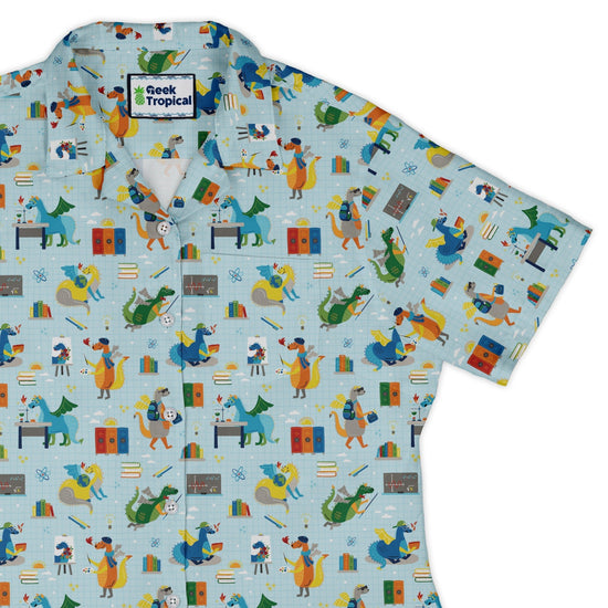 Dino School Curvy Button Up Shirt Geek Nerd Design by Zirkus Design dinosaur print q225