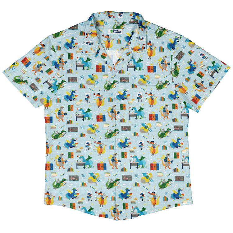 Dino School Button Up Shirt Geek Nerd adult sizing Design by Zirkus Design dinosaur print