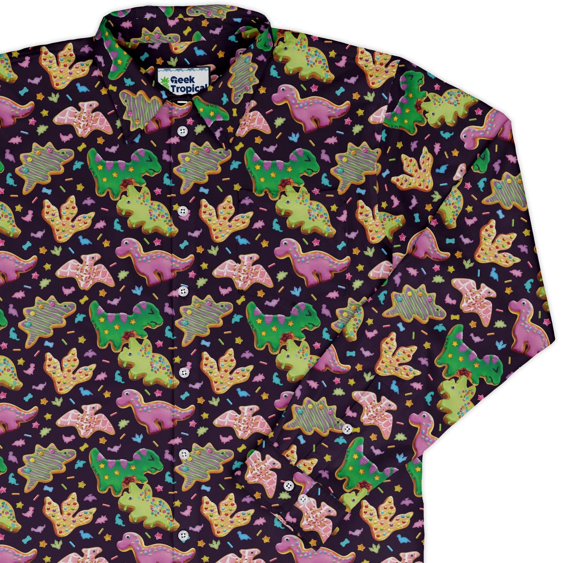 Dinonuts Long Sleeve Button Up Shirt Geek Nerd adult sizing Design By Brigid Ashwood dinosaur print