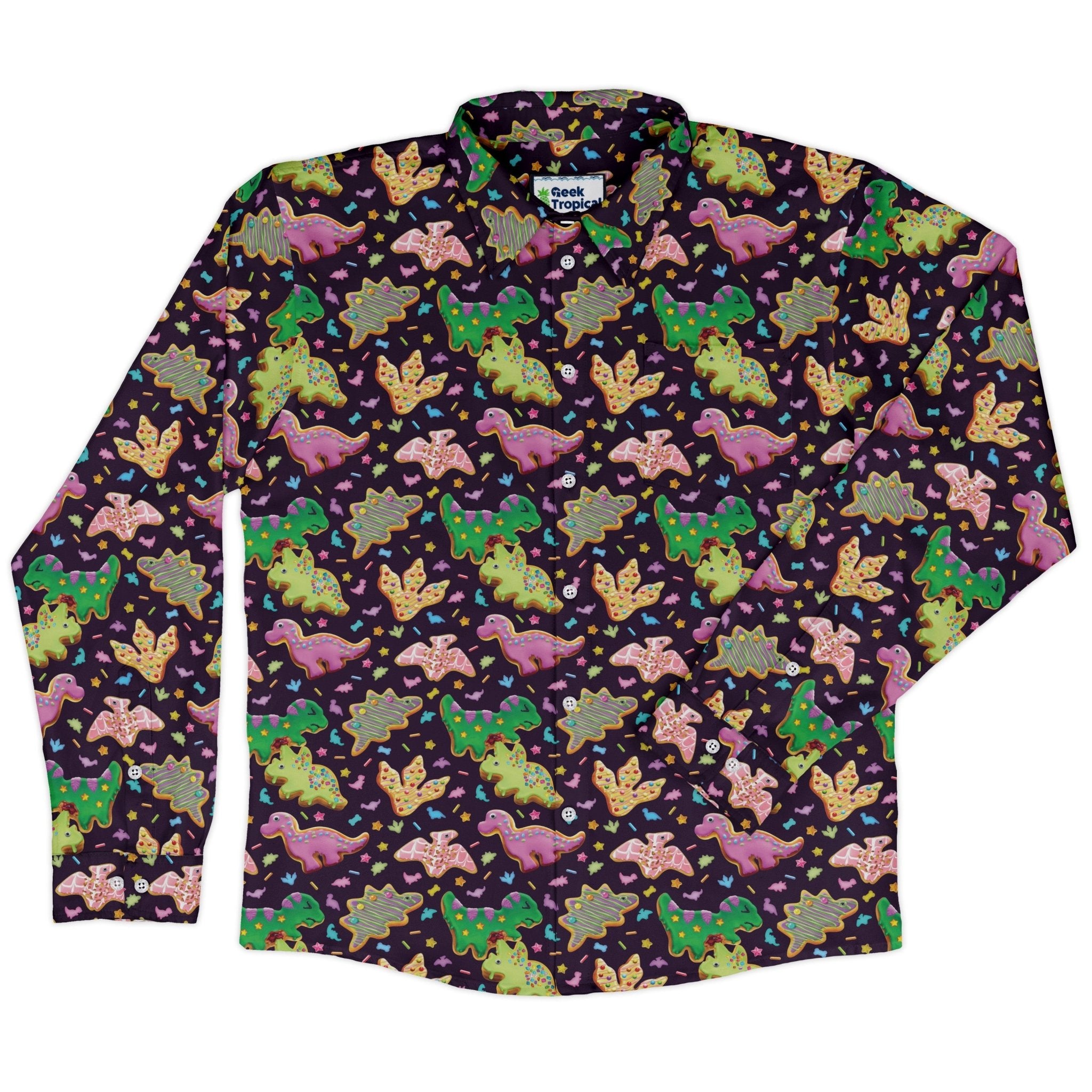 Dinonuts Long Sleeve Button Up Shirt Geek Nerd adult sizing Design By Brigid Ashwood dinosaur print