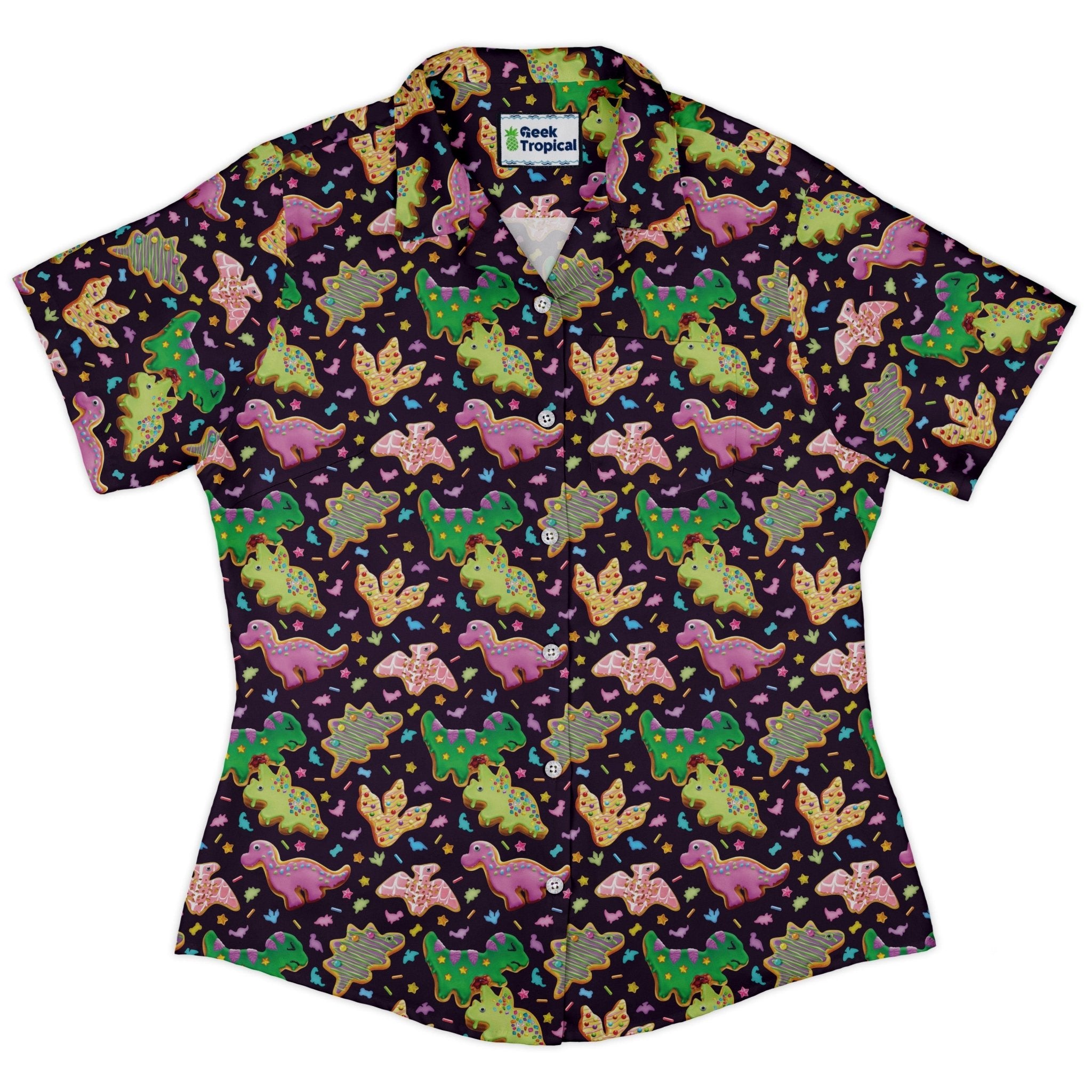 Dinonuts Curvy Button Up Shirt Geek Nerd Design By Brigid Ashwood dinosaur print women