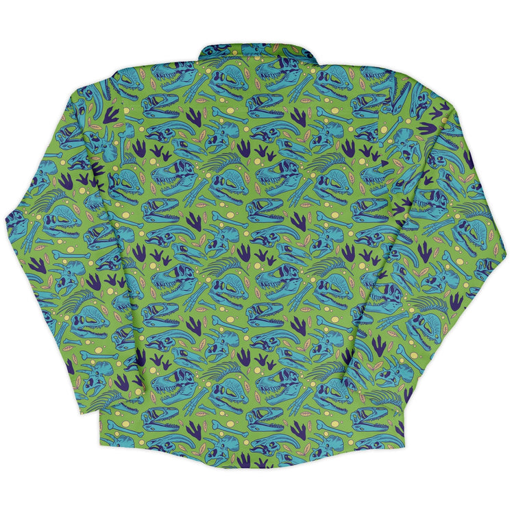 Dinosaur Bone Digs Long Sleeve Button Up Shirt Geek Nerd adult sizing Design by Julie Kitzes dinosaur print