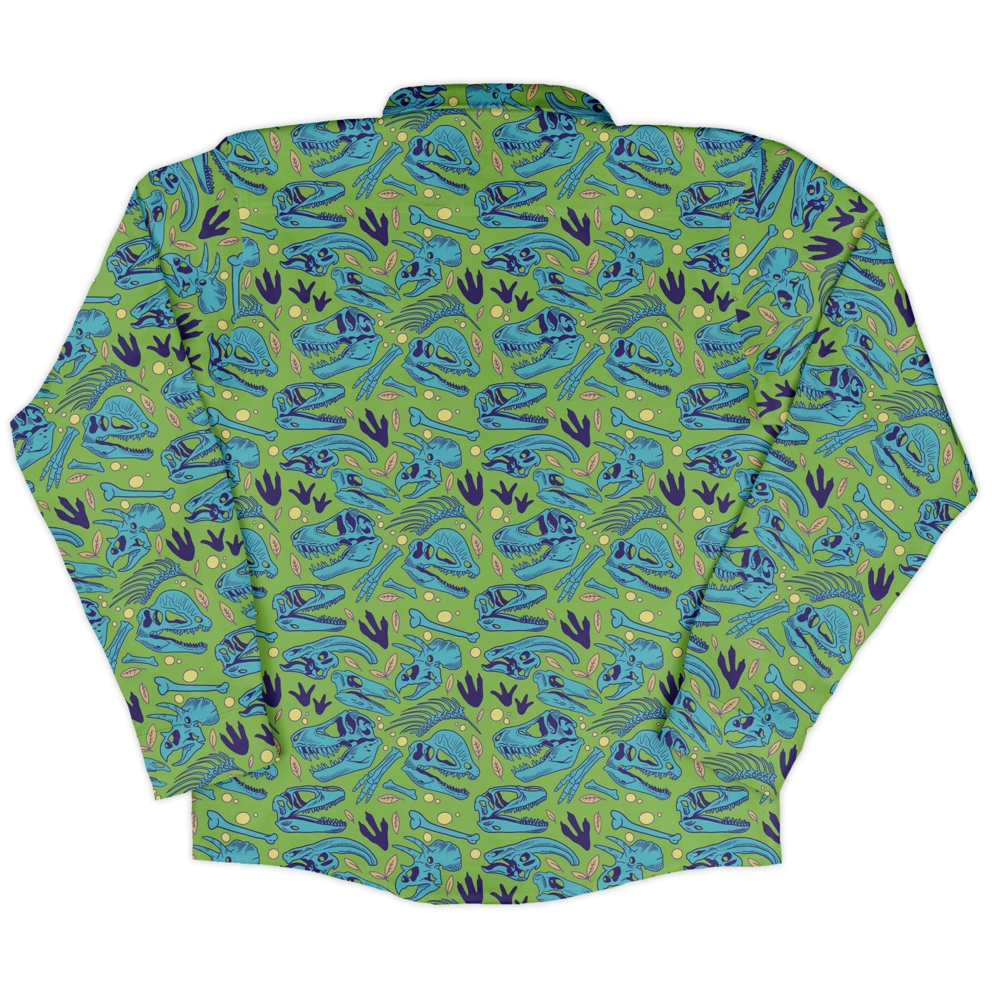 Dinosaur Bone Digs Long Sleeve Button Up Shirt Geek Nerd adult sizing Design by Julie Kitzes dinosaur print