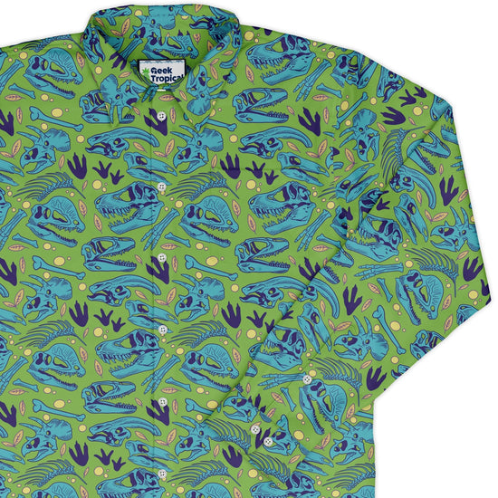 Dinosaur Bone Digs Long Sleeve Button Up Shirt Geek Nerd adult sizing Design by Julie Kitzes dinosaur print