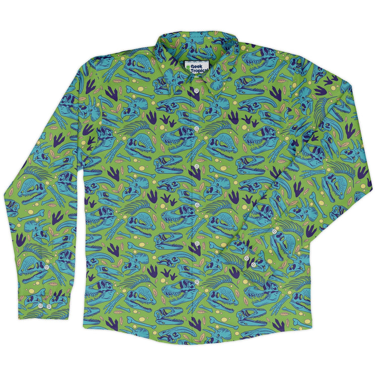 Dinosaur Bone Digs Long Sleeve Button Up Shirt Geek Nerd adult sizing Design by Julie Kitzes dinosaur print