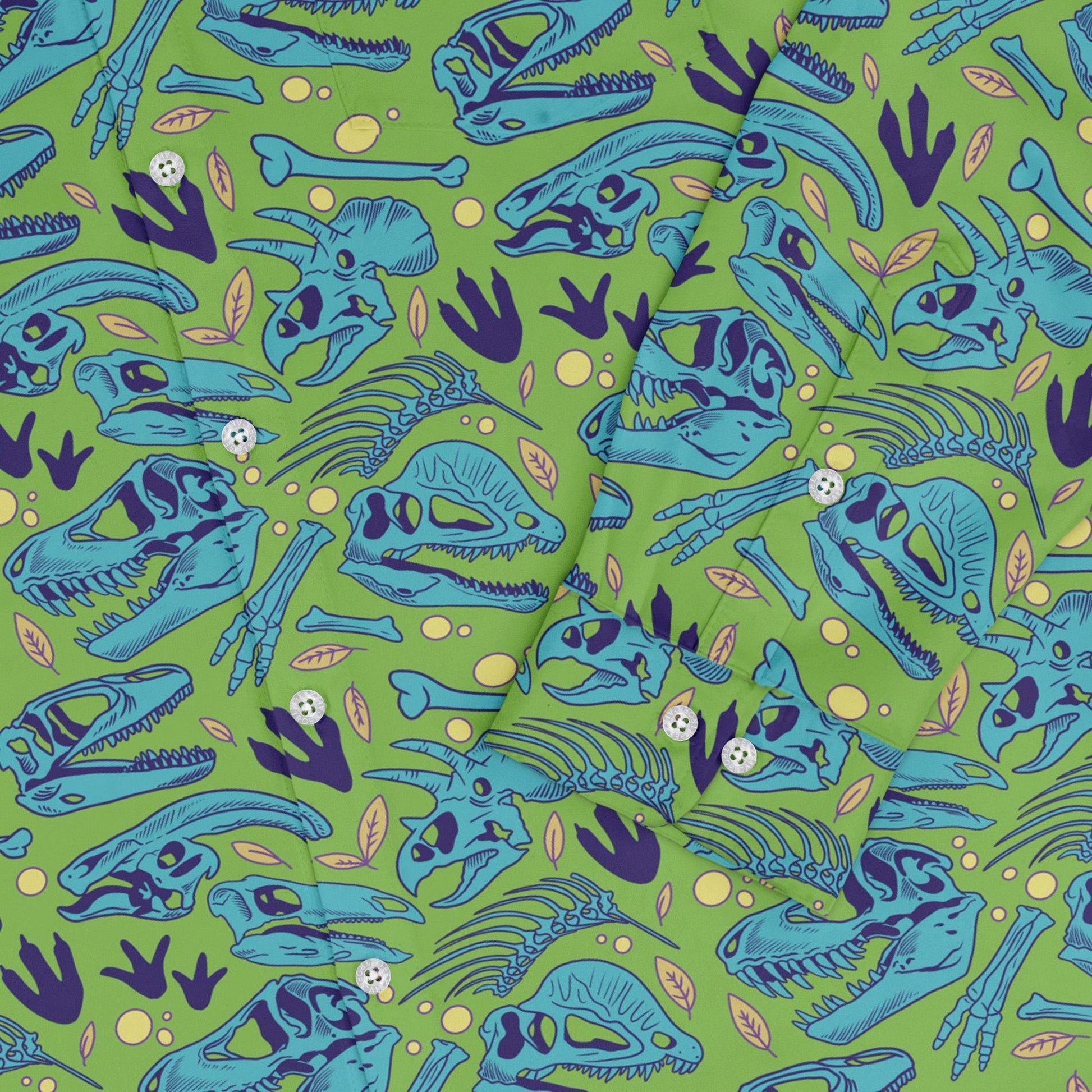 Dinosaur Bone Digs Long Sleeve Button Up Shirt Geek Nerd adult sizing Design by Julie Kitzes dinosaur print