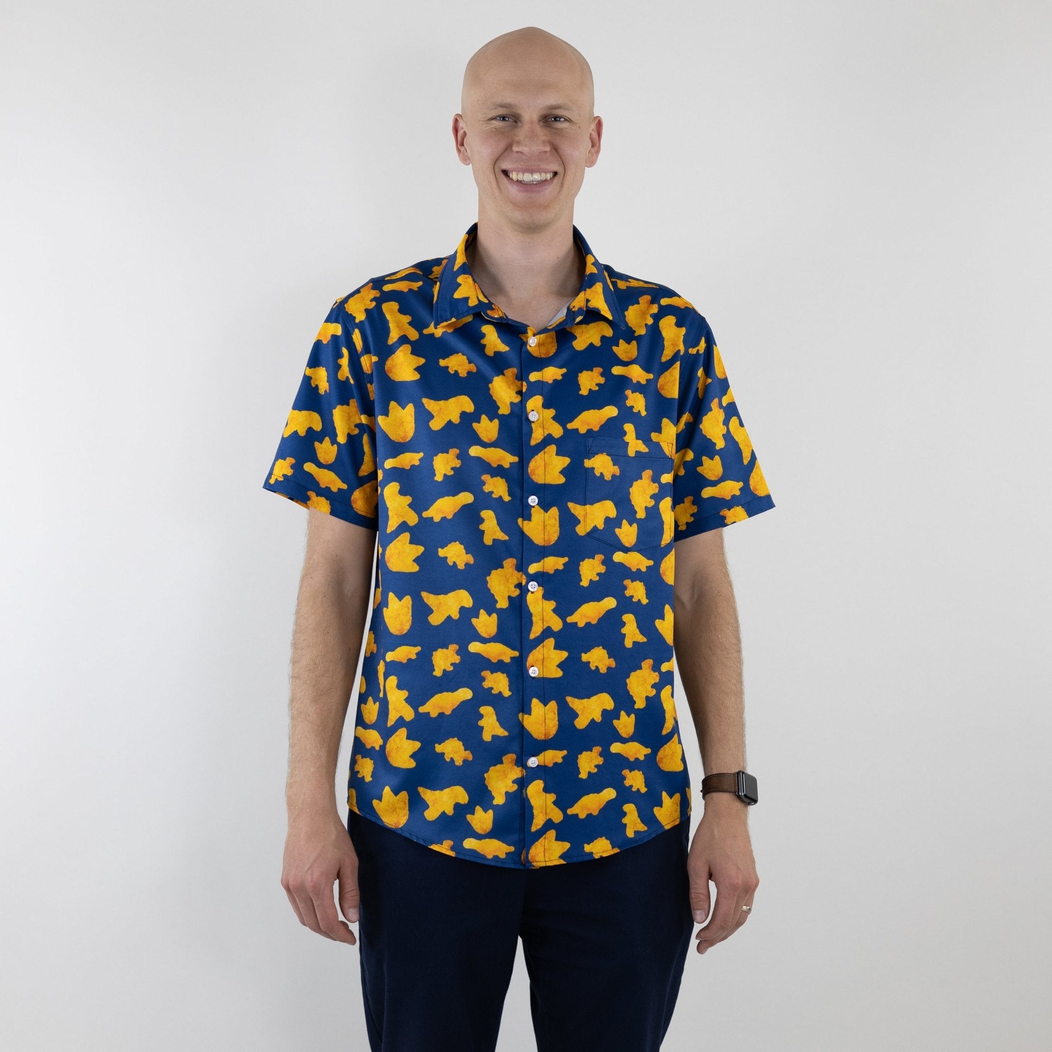 Ready-to-Ship Dinosaur Chicken Nuggets Blue Button Up Shirt - adult sizing - Design by Random Galaxy - dinosaur print