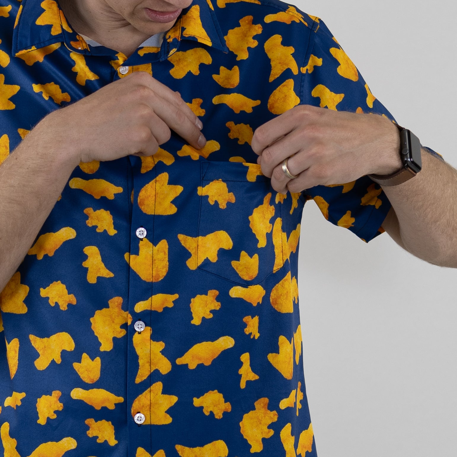 Ready-to-Ship Dinosaur Chicken Nuggets Blue Button Up Shirt - adult sizing - Design by Random Galaxy - dinosaur print